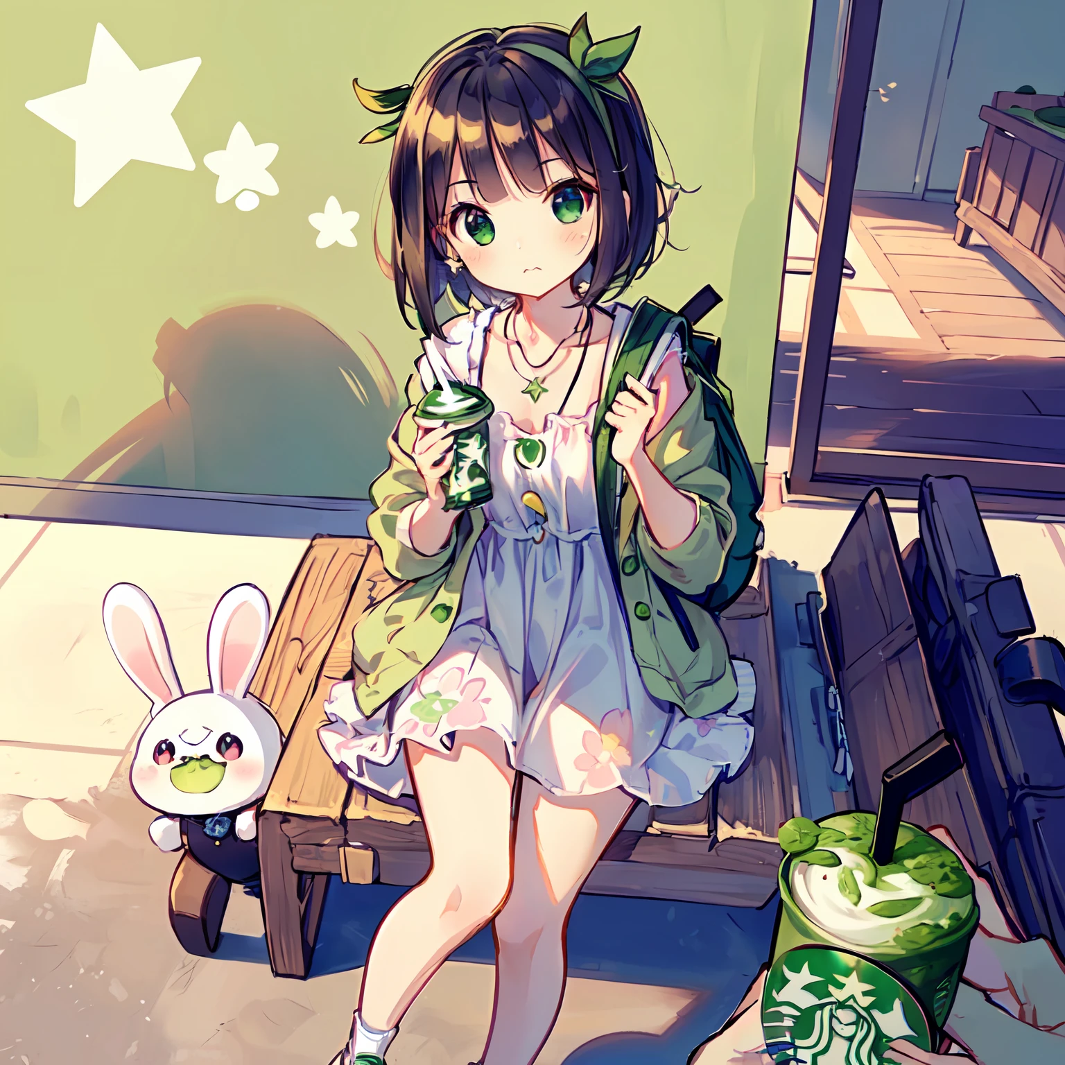 (Highly detailed CG Unity 8k wallpaper), (Best Quality), (Super Detail), (Best Illustration), (Best Shadow), POV, Realistic lighting and shading, Natural light, Lens flare effect, BREAK, 1 beautiful girl, Solo,(Cute:1.5),(Chibi:0.8), (kawaii:1.5),(Lori:0.5), BREAK, ((girl, Cute, Cheerful, Loli face, slightly bulging chest,(A dark-haired,Disheveled short bob,tareme:1.2), gleaming skin, Stuffed rabbit,BREAK,(rucksack:1.2), (Denim jacket over floral dress:1.2), (White rabbit ear headband:1.0), (Black sneakers:1.0), (star-shaped earring:1.1), (a necklace:1.3), (The surprised face that saw my sister fall,The face is pale, Staring ,empty mouth:1.1), (Drinking matcha big size:1.3), (Starbucks Background:1.3),(inside the house:1.5),