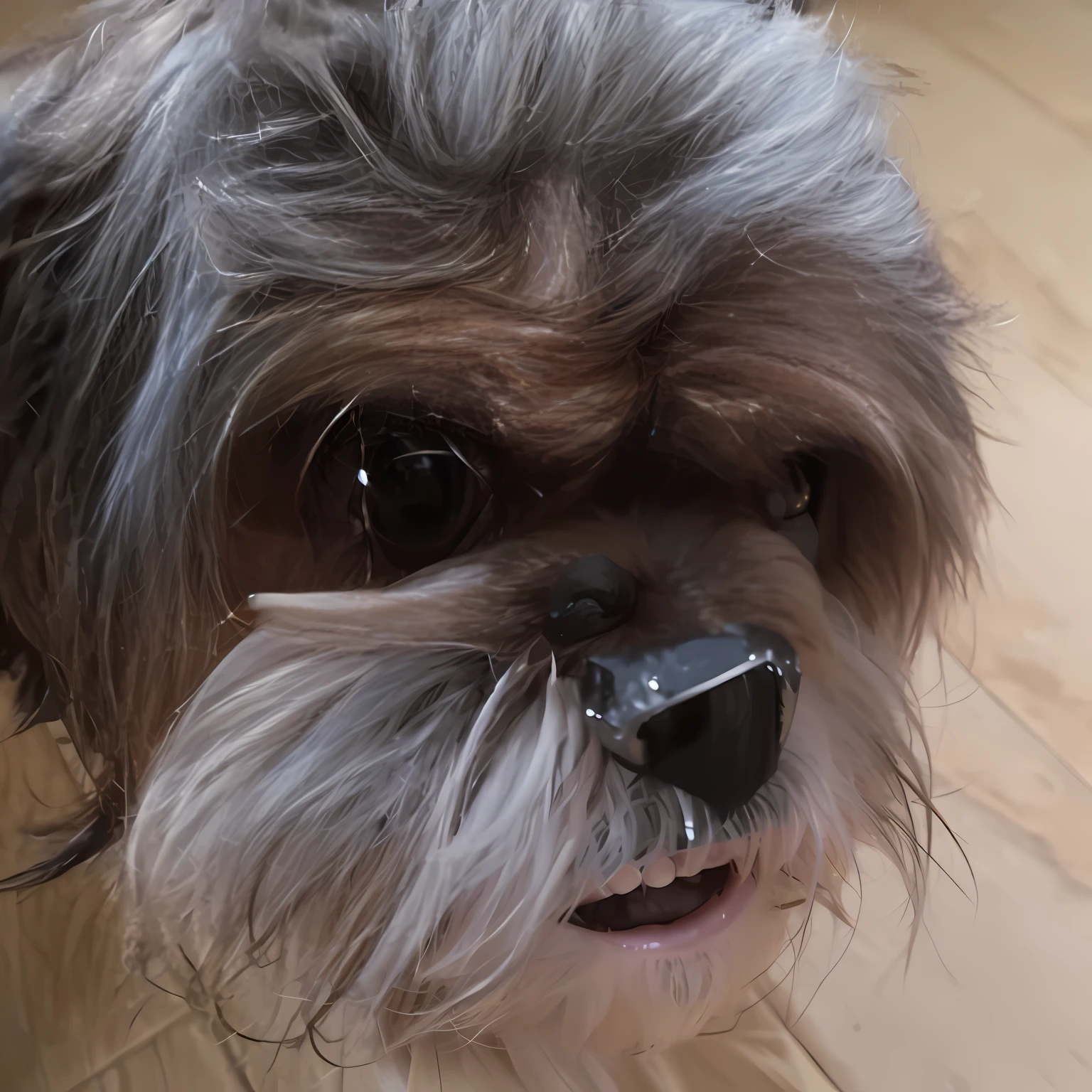 There is a puppy looking up at the camera, scruffy looking, Shih Tzu, snarling dog teeth, smiling but has a temper, happily smiling at the camera, smirking at the camera, looking towards camera, mischievous grin, smiling at camera, round teeth and goofy face, Naughty portrait