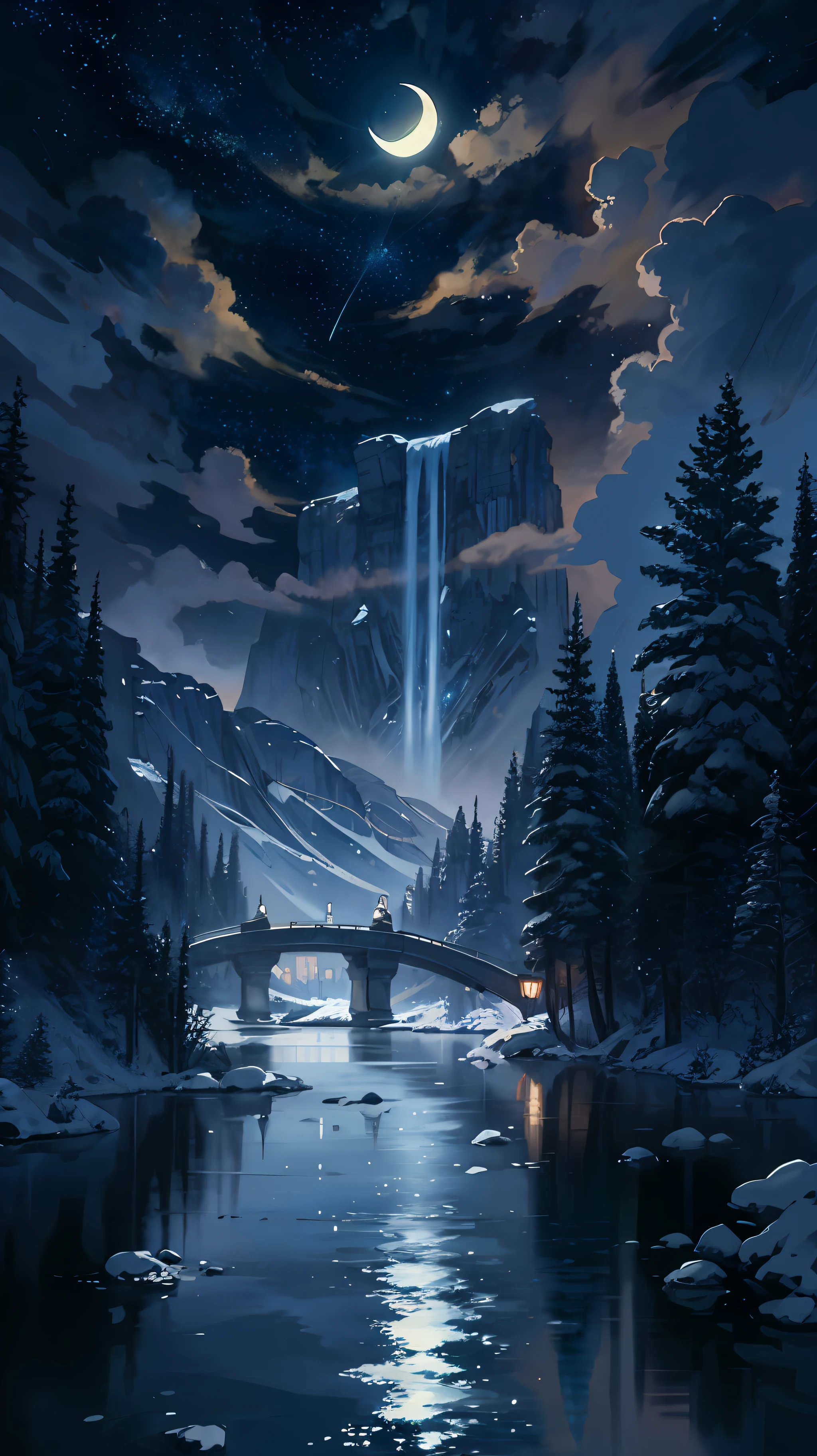 A painting of a river with stars and moon in the sky, concept art inspired by Tosa Mitsuoki, pixiv contest winner, best quality, fantasy art, beautiful anime scene, a bright moon, moonlit starry environment, dream painting, Anime Background Art, Fantasy Landscape Art, Fantasy Night, Anime Background, Background Artwork, Fantastic Art, Atmospheric Anime, Starry Sky, Detail Enhanced.