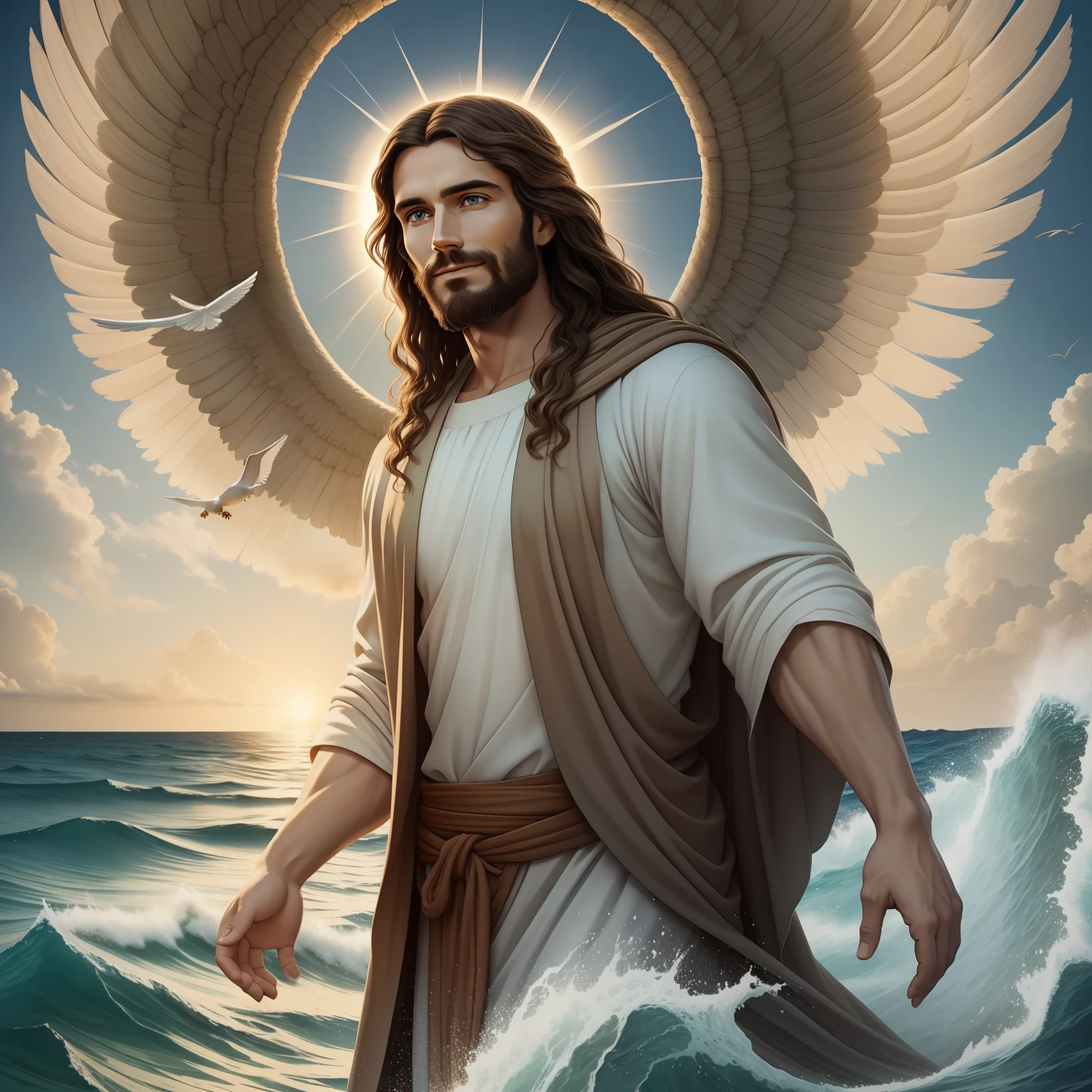 Real Jesus flying on sky with a flying cloud in the background, Jesus walking on water, biblical illustration, epic biblical representation, forcing him to flee, coming out of the ocean, ! holding in hand!, disembarking, god of the ocean, beautiful representation, 8k 3D Model, realistic,
a 3D Realistic of jesus with a halo in the sky, jesus christ, smiling in heaven, portrait of jesus christ, jesus face, 35 young almighty god, portrait of a heavenly god, greg olsen, gigachad jesus, jesus of nazareth, jesus, the face of god, god looking at me, he is greeting you warmly, he is happy, avatar image
