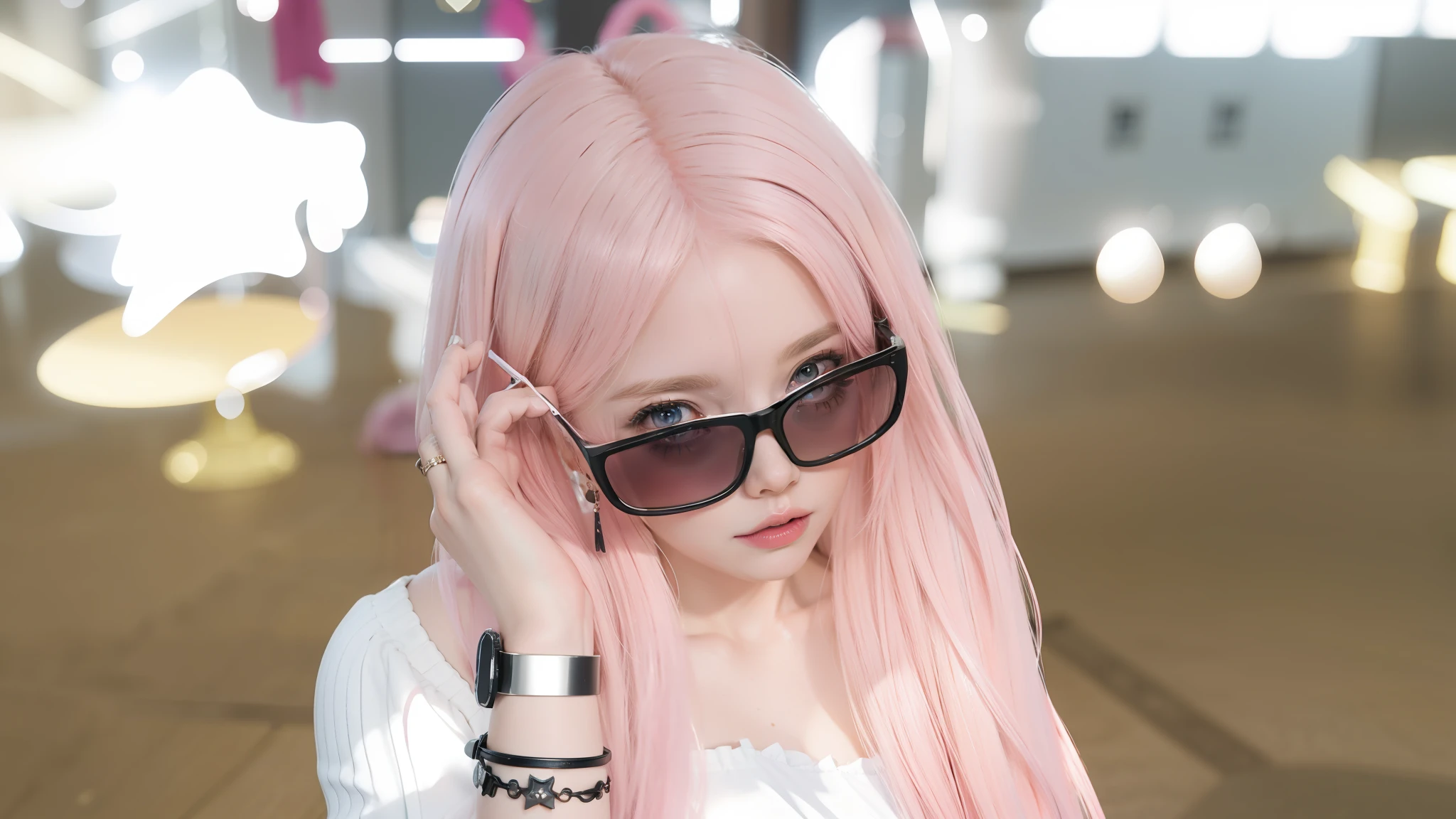 Blonde girl with pink hair and sunglasses holding a mobile phone, belle delphine, soft portrait shot 8 k, photorealistic anime girl render, [ Фотореализм 4 K ]!!, 3 d anime realistic, [ Фотореализм 4 K ]!!!, photorealistic anime, pink twintail hair and cyan eyes, iray, luts, Semi-realistic render