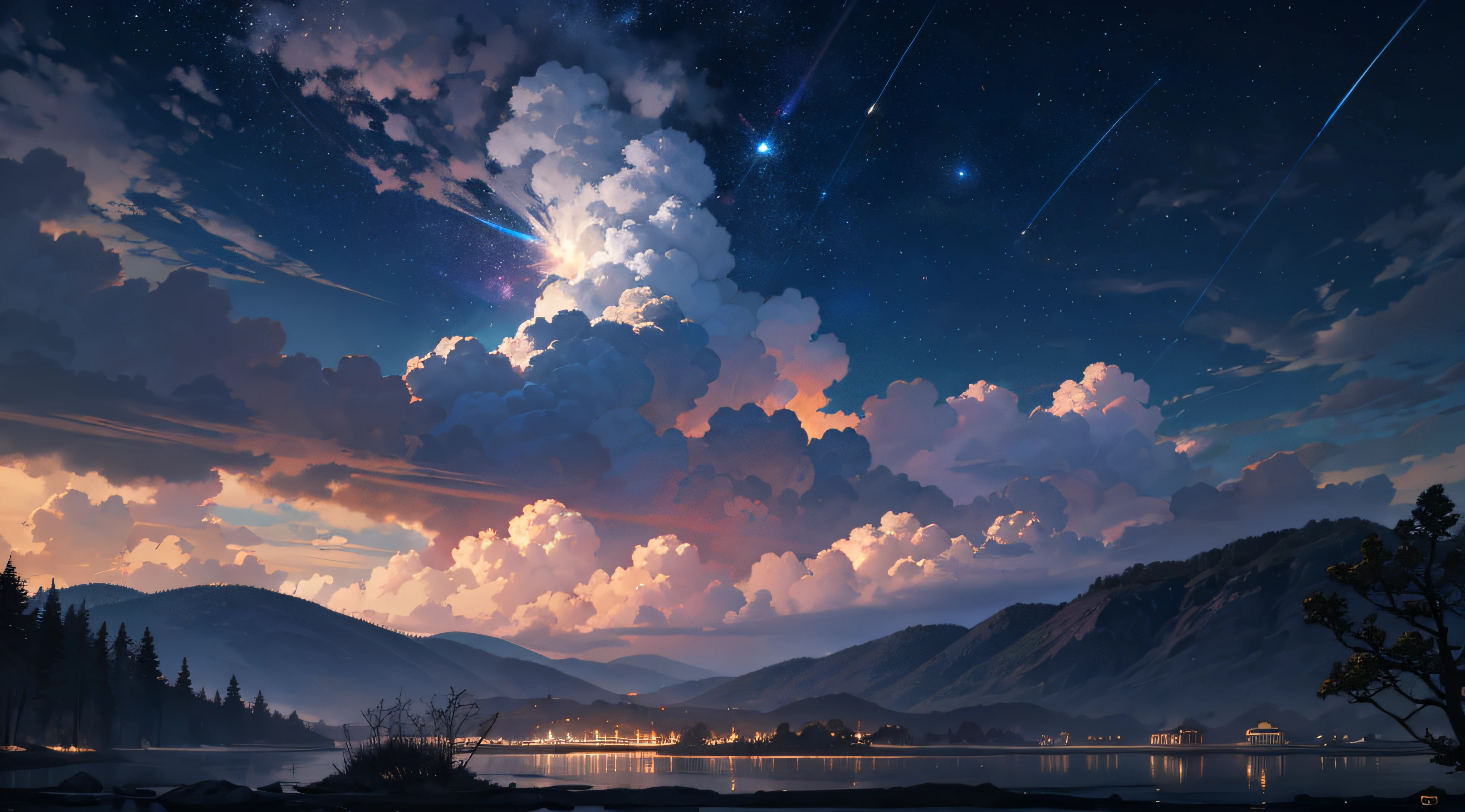 Expansive landscape photograph,(moon full:1.2),(meteors:0.9),(Starcloud:1.3),(Warm light source:1.2),(glowworm:1.2),lamp lights,Lots of purple and orange,Complicated details,Volumetriclighting,Realism BREAK(tmasterpiece:1.2),(best qualtiy),8K,Ultra-detailed,(dynamic compositions:1.4),The is very detailed,Colorful details,(Irridescent color:1.2),(luminouslighting,Atmospheric lighting),dream magical,magical,(独奏:1.2),((best qualtiy)), ((tmasterpiece)), (the detail:1.4),depth of fields,maximum definition and sharpness,perfectly proportions,Fluttering clouds,Wallpapers