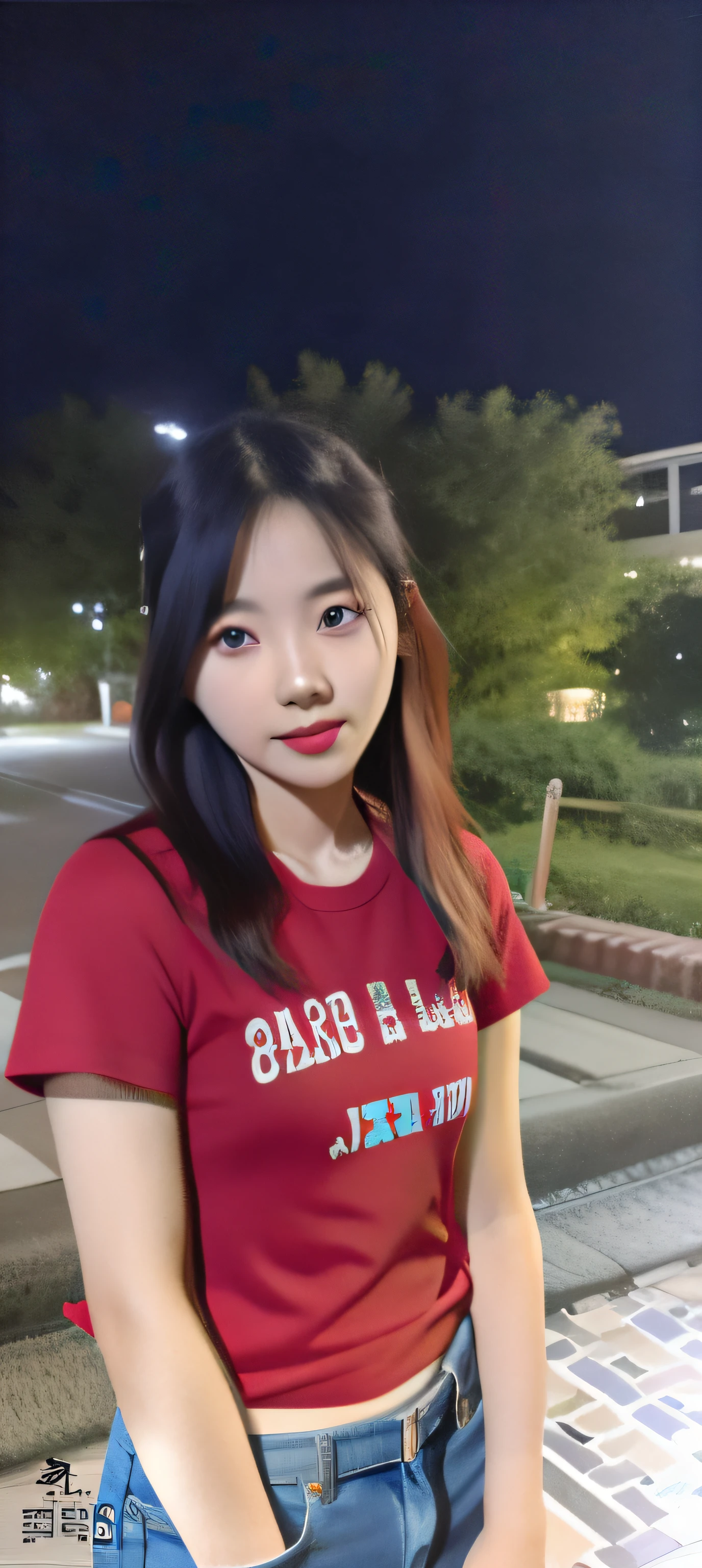 Asian woman in red shirt, Korean girl, pupils，19years old, chiho, Chinese girl, Young Asian girl, A young Asian woman，long whitr hair