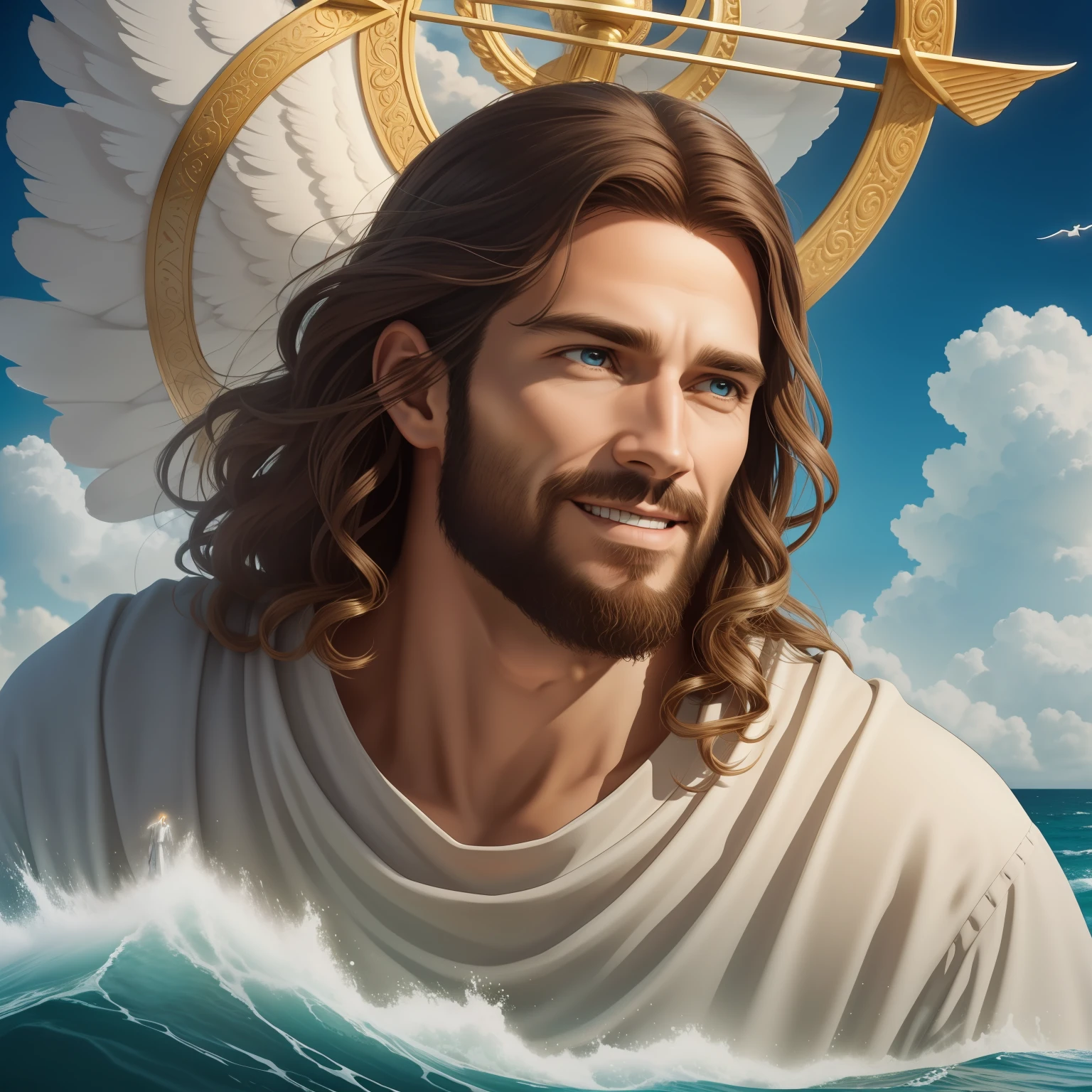 Real Jesus flying on sky with a flying cloud in the background, Jesus walking on water, biblical illustration, epic biblical representation, forcing him to flee, coming out of the ocean, ! holding in hand!, disembarking, god of the ocean, beautiful representation, 8k 3D Model, realistic,
a 3D Realistic of jesus with a halo in the sky, jesus christ, smiling in heaven, portrait of jesus christ, jesus face, 35 young almighty god, portrait of a heavenly god, greg olsen, gigachad jesus, jesus of nazareth, jesus, the face of god, god looking at me, he is greeting you warmly, he is happy, avatar image