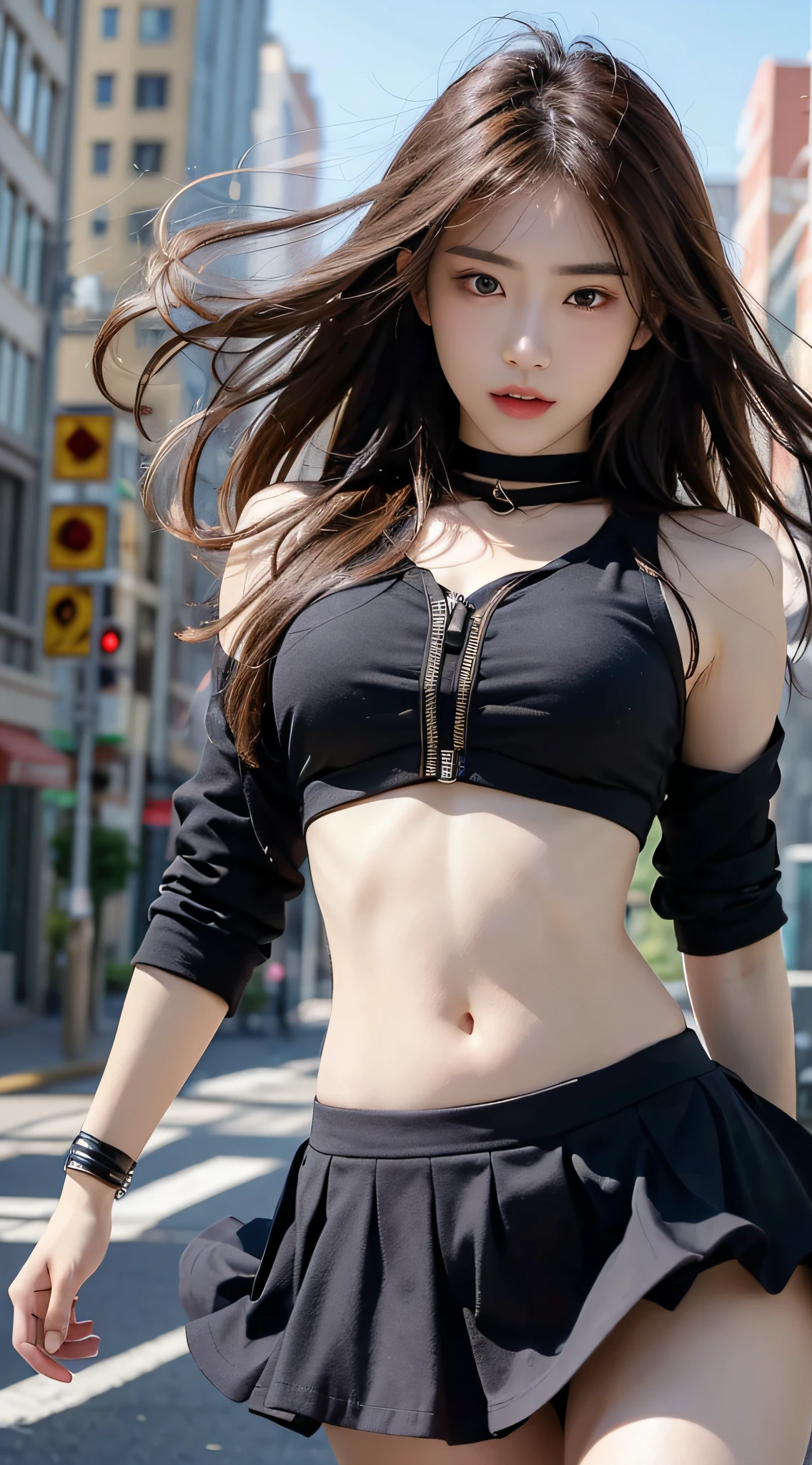 ((photorealistic lighting, Top Quality, 8K, Masterpiece: 1.3)), Clear Focus: 1.2, 1 Girl, Perfect Body Beauty: 1.4, Slim Abs: 1.1, ((Dark-brown hair, Big: 1.3)), (Accelerate: 1.4), (Outdoor, natta: 1.1), Street, Ultra Slender Face, Fine Eyes, Double eyelids, Divisive absurdities exposed, Incredibly Absurd, Messy hair, floating hair,Skirt blowing in the wind,
