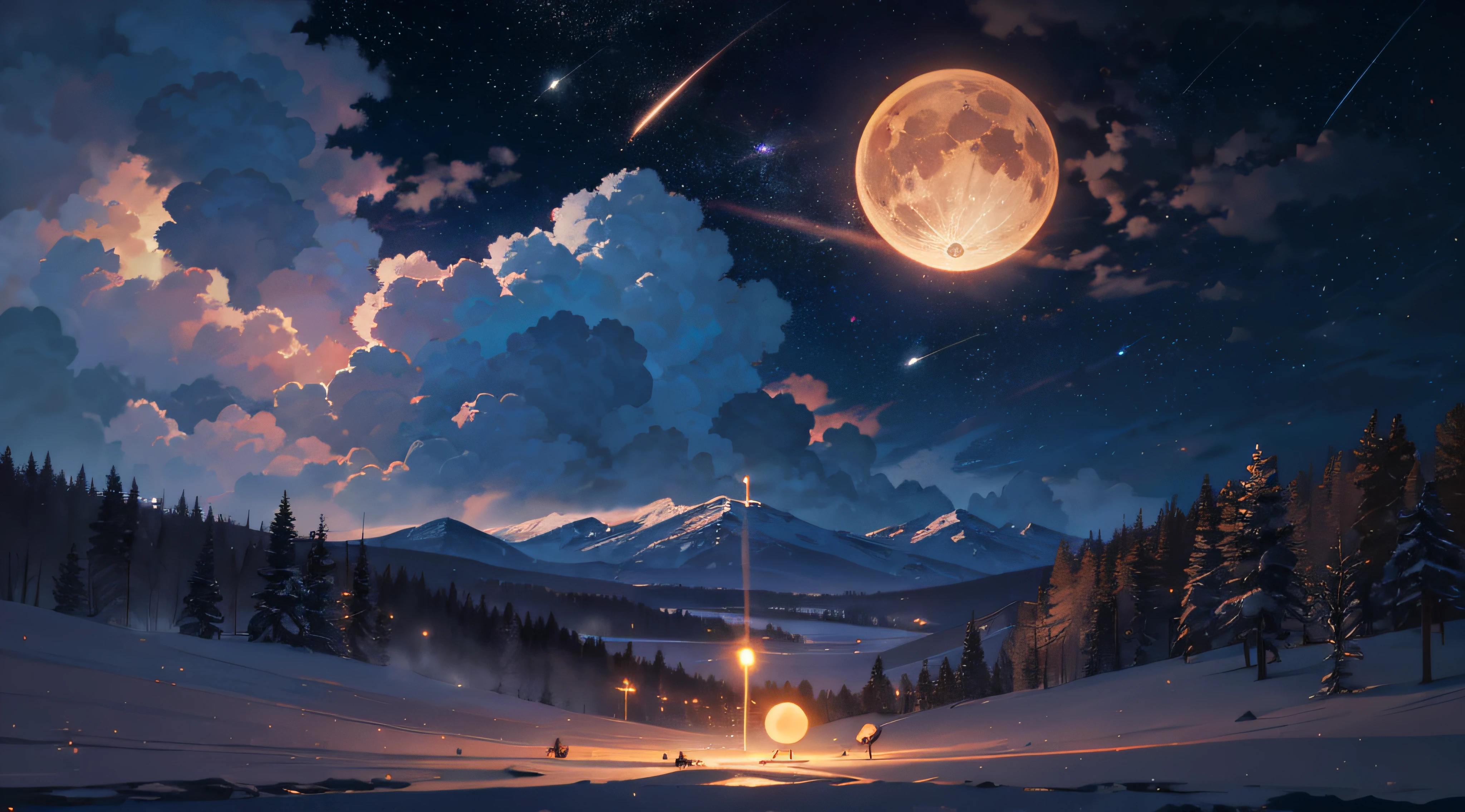 Expansive landscape photograph，（moon full：1.2），（meteors：0.9），（Starcloud：1.3），（Warm light source：1.2），（glowworm：1.2），lamp lights，Lots of purple and orange，Complicated details，Volumetriclighting，Realism BREAK（tmasterpiece：1.2），（best qualtiy），8K，Ultra-detailed，（dynamic compositions：1.4），The is very detailed，Colorful details，（Irridescent color：1.2），（luminouslighting，Atmospheric lighting），dream magical，magical，（独奏：1.2），（（best qualtiy））， （（tmasterpiece））， （the detail：1.4），depth of fields，maximum definition and sharpness，perfectly proportions，Fluttering clouds，Wallpapers