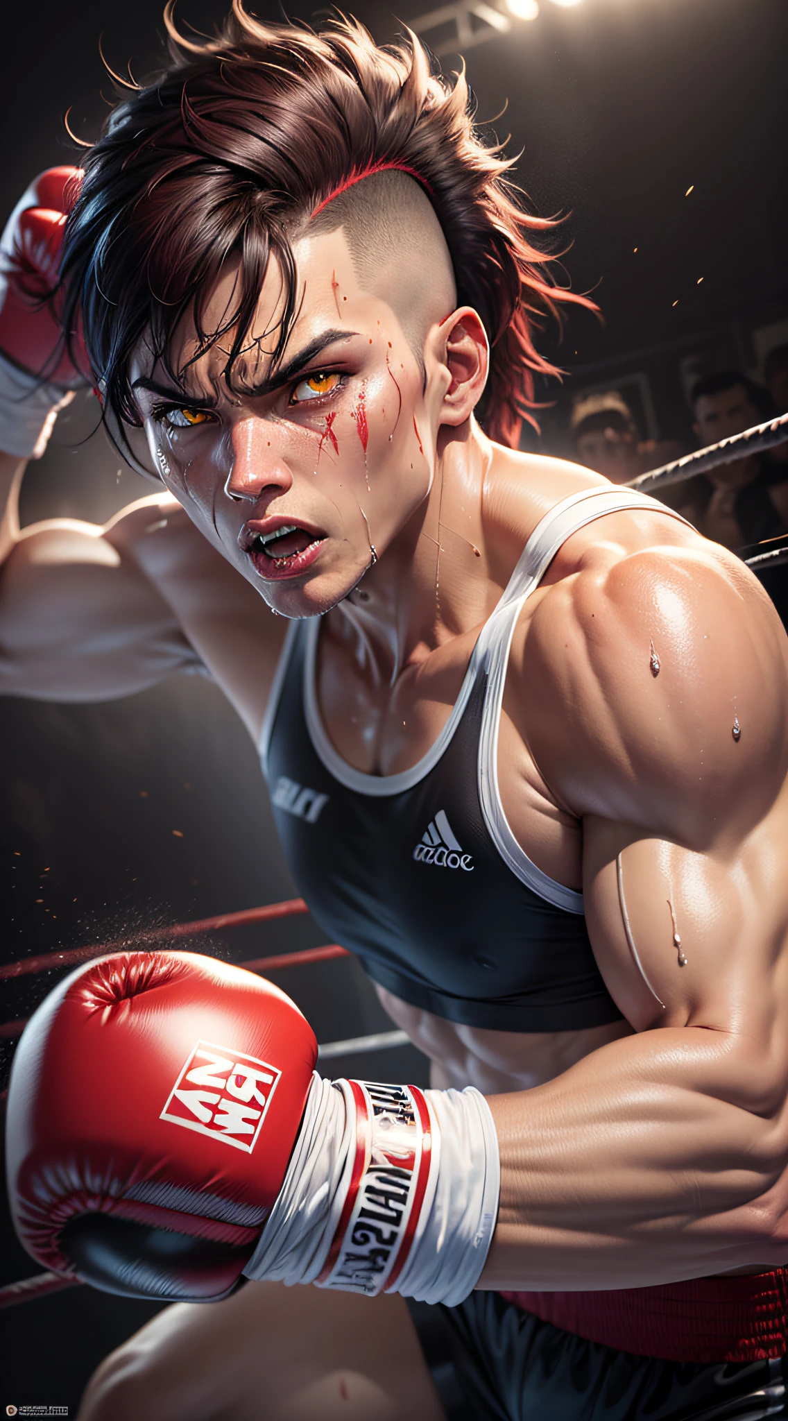 (original), (very detailed wallpaper), (best quality), (masterpiece), Photorealistic, realistic, very detailed illustrations, (1 man), very strong, (fierce expression), yellow eyes, glowing eyes, neon glow eye, (scarred face), perfect detail, (better lighting), (super intricate detail), (boxer), (aggressive punches), wear boxing gloves, sweat, heavy breathing, (overwhelming strike), ( boxing ring), white sports shorts, perfect details, perfect limbs, impact, (sweat), abdomen, muscular, boxing shorts, brawl, black hair, red hair, Mohawk Hairstyle, (super detailed CG: 1.2), (8K : 1.2), realistic, octane rendering