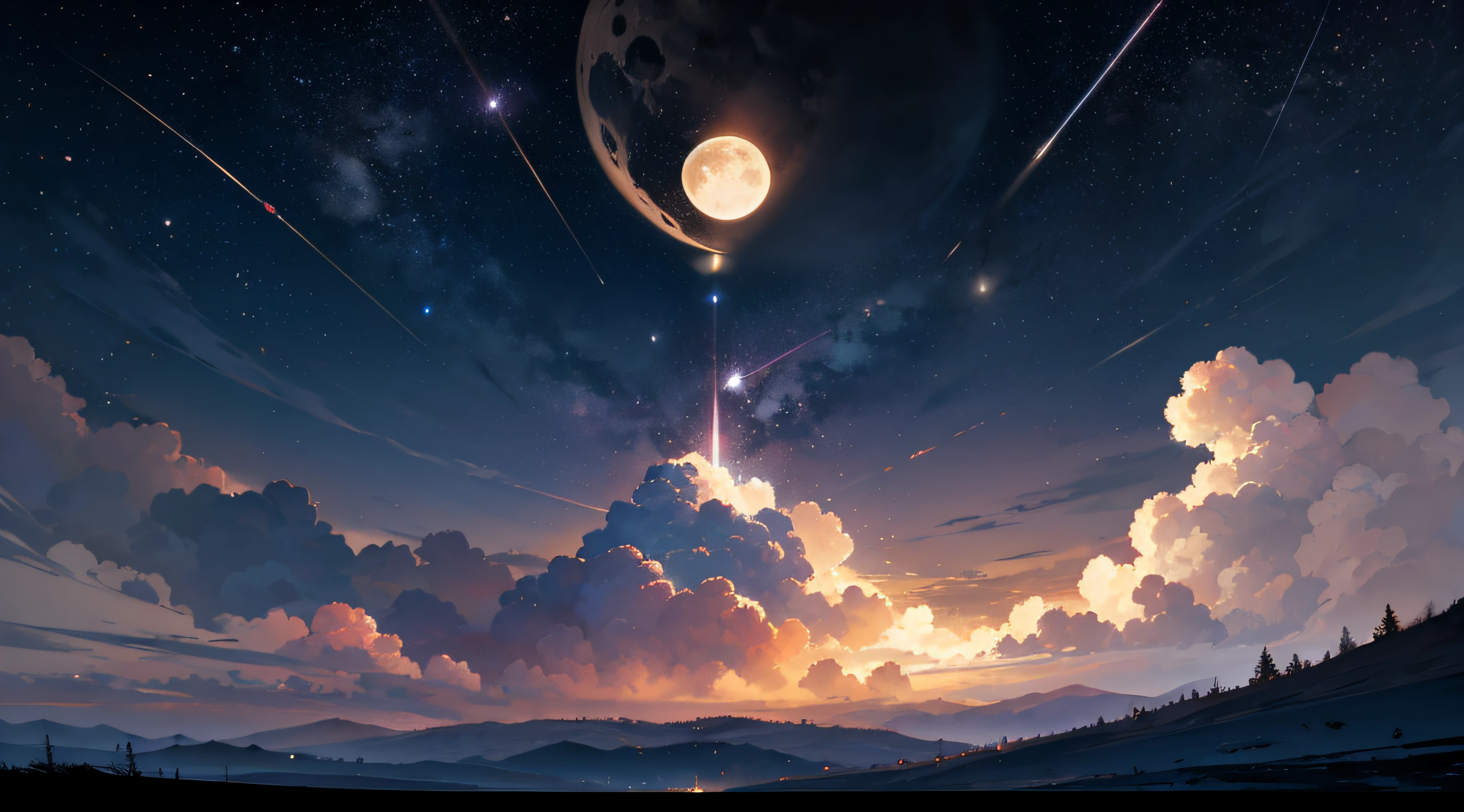 Expansive landscape photograph,(moon full:1.2),(meteors:0.9),(Starcloud:1.3),(Warm light source:1.2),(glowworm:1.2),lamp lights,Lots of purple and orange,Complicated details,Volumetriclighting,Realism BREAK(tmasterpiece:1.2),(best qualtiy),8K,Ultra-detailed,(dynamic compositions:1.4),The is very detailed,Colorful details,(Irridescent color:1.2),(luminouslighting,Atmospheric lighting),dream magical,magical,(独奏:1.2),((best qualtiy)), ((tmasterpiece)), (the detail:1.4),depth of fields,maximum definition and sharpness,perfectly proportions,Fluttering clouds,Wallpapers