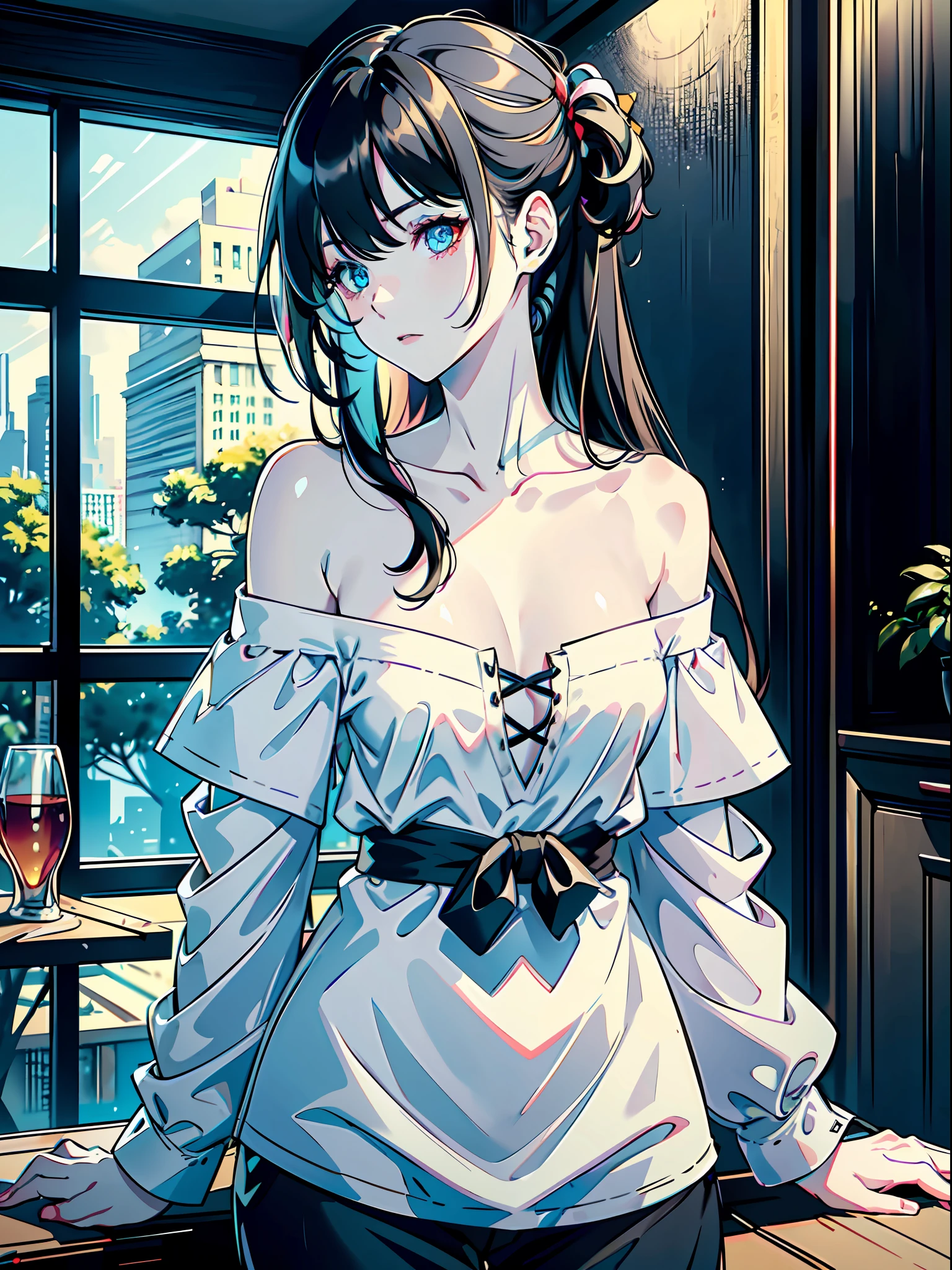 ((female)), (solo:1.2), ((masterpiece)), ((pale skin)), ((detailed eyes)), (bokeh effect), (dynamic angle), black hair, long hair, messy hair, ((heterochromia)), (interior), (off shoulder), ((casual)), (collarbone)