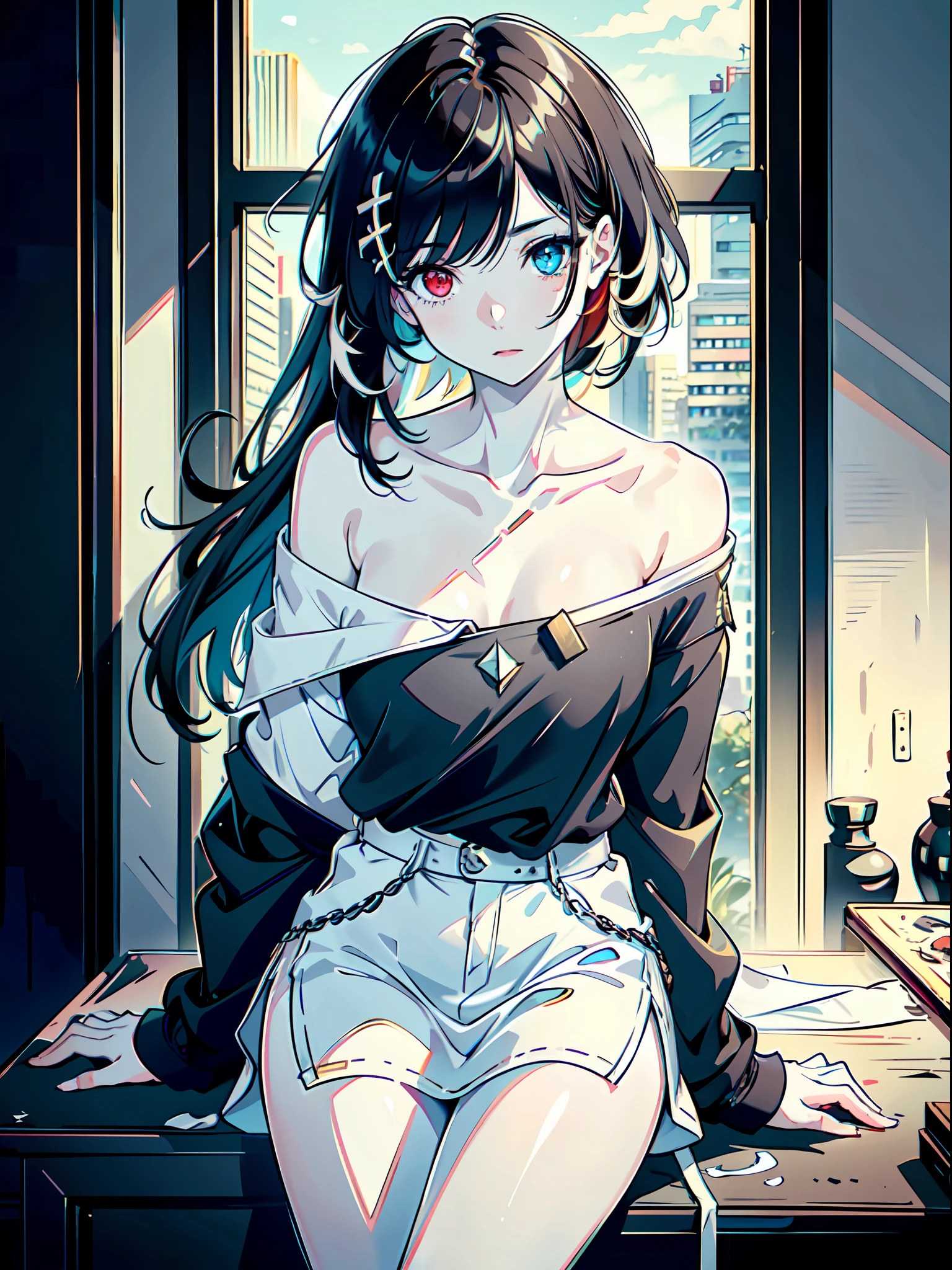 ((female)), (solo:1.2), ((masterpiece)), ((pale skin)), ((detailed eyes)), (bokeh effect), (dynamic angle), black hair, long hair, messy hair, ((heterochromia)), (interior), (off shoulder), ((casual)), (collarbone)