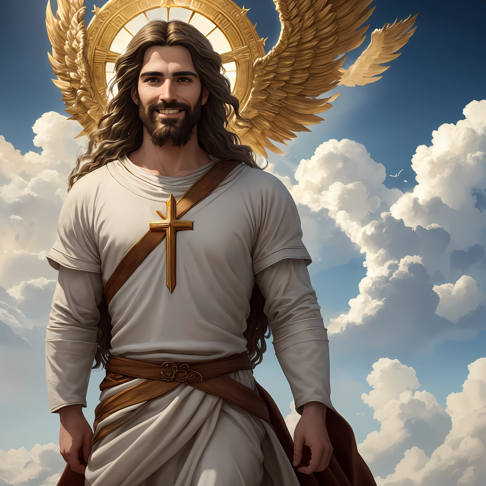 Jesus second coming in the heavens, ( Realistic) age 35 old years, Cross crown, a tunic and a golden breastplate, hair as brown as snow, eyes as flames of fire, feet as refined bronze in the furnace, light smile, Surrealism, backlighting, cinematic lighting, high quality, high details, 8K 3D best quality,Real Jesus flying on sky with a flying cloud in the background, Jesus walking on water, biblical illustration, epic biblical representation, forcing him to flee, coming out of the ocean, ! holding in hand!, disembarking, god of the ocean, beautiful representation, 8k 3D Model, realistic,
a 3D Realistic of jesus with a halo in the sky, jesus christ, smiling in heaven, portrait of jesus christ, jesus face, 35 young almighty god, portrait of a heavenly god, greg olsen, gigachad jesus, jesus of nazareth, jesus, the face of god, god looking at me, he is greeting you warmly, he is happy, avatar image