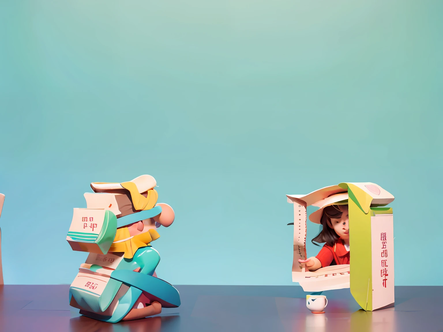 There are two people sitting at a table，Holding a book, Ruan Jia and Fenghua Zhong, advertising photograph, overlaid with chinese adverts, Overlay Chinese text, wide portrait, Wu Liu, product introduction photos, Lu Ji, Qiu Fang, yiqiang and shurakrgt, wei wang, inspired by Ding Yunpeng, advertising photograph