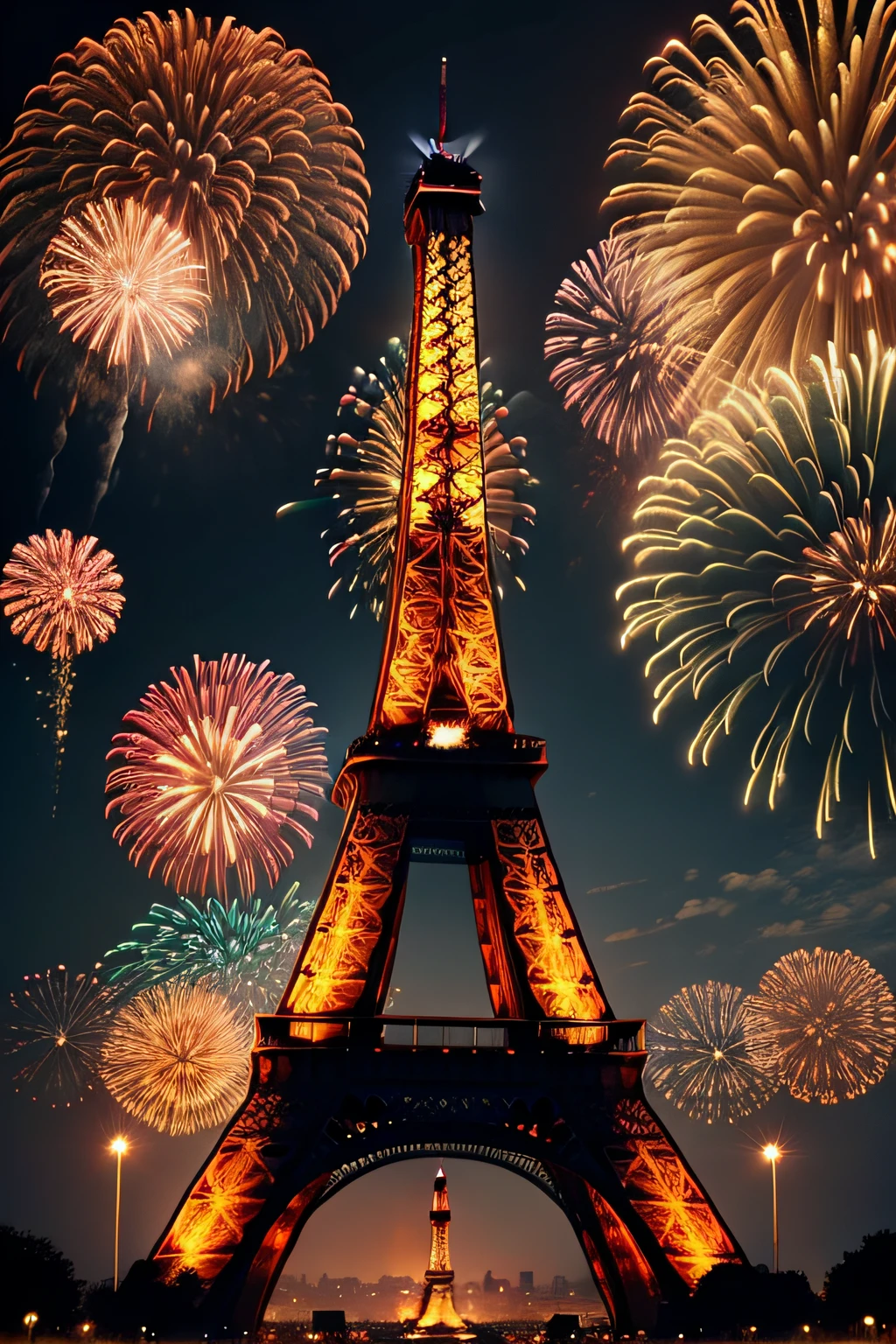 Fireworks behind the Eiffel Tower