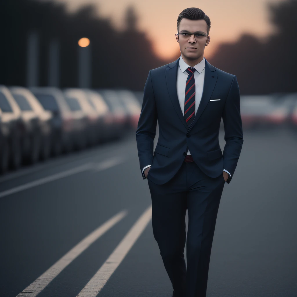 a Man standing with 30 years in suit and tie, body and head straight in the photo, (((DSRL)))), facing the viewer of the photo, eyes fixed to the lens, studio photo, ((((appears hair, shoulders and head in the photo)))), man centered in the photo, 8k, best quality, masterpiece, realistic, realistic photo, movie photo, ultra realistic,  1 person, detailed, perfect lighting, DSRL, professional photo, 4k