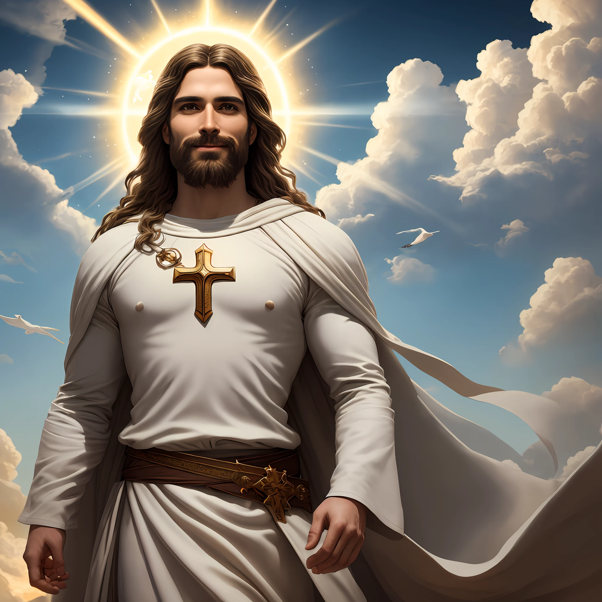 Jesus second coming in the heavens, ( Realistic) age 35 old years, Cross crown, a tunic and a golden breastplate, hair as brown as snow, eyes as flames of fire, feet as refined bronze in the furnace, light smile, Surrealism, backlighting, cinematic lighting, high quality, high details, 8K 3D best quality,Real Jesus flying on sky with a flying cloud in the background, Jesus walking on water, biblical illustration, epic biblical representation, forcing him to flee, coming out of the ocean, ! holding in hand!, disembarking, god of the ocean, beautiful representation, 8k 3D Model, realistic,
a 3D Realistic of jesus with a halo in the sky, jesus christ, smiling in heaven, portrait of jesus christ, jesus face, 35 young almighty god, portrait of a heavenly god, greg olsen, gigachad jesus, jesus of nazareth, jesus, the face of god, god looking at me, he is greeting you warmly, he is happy, avatar image