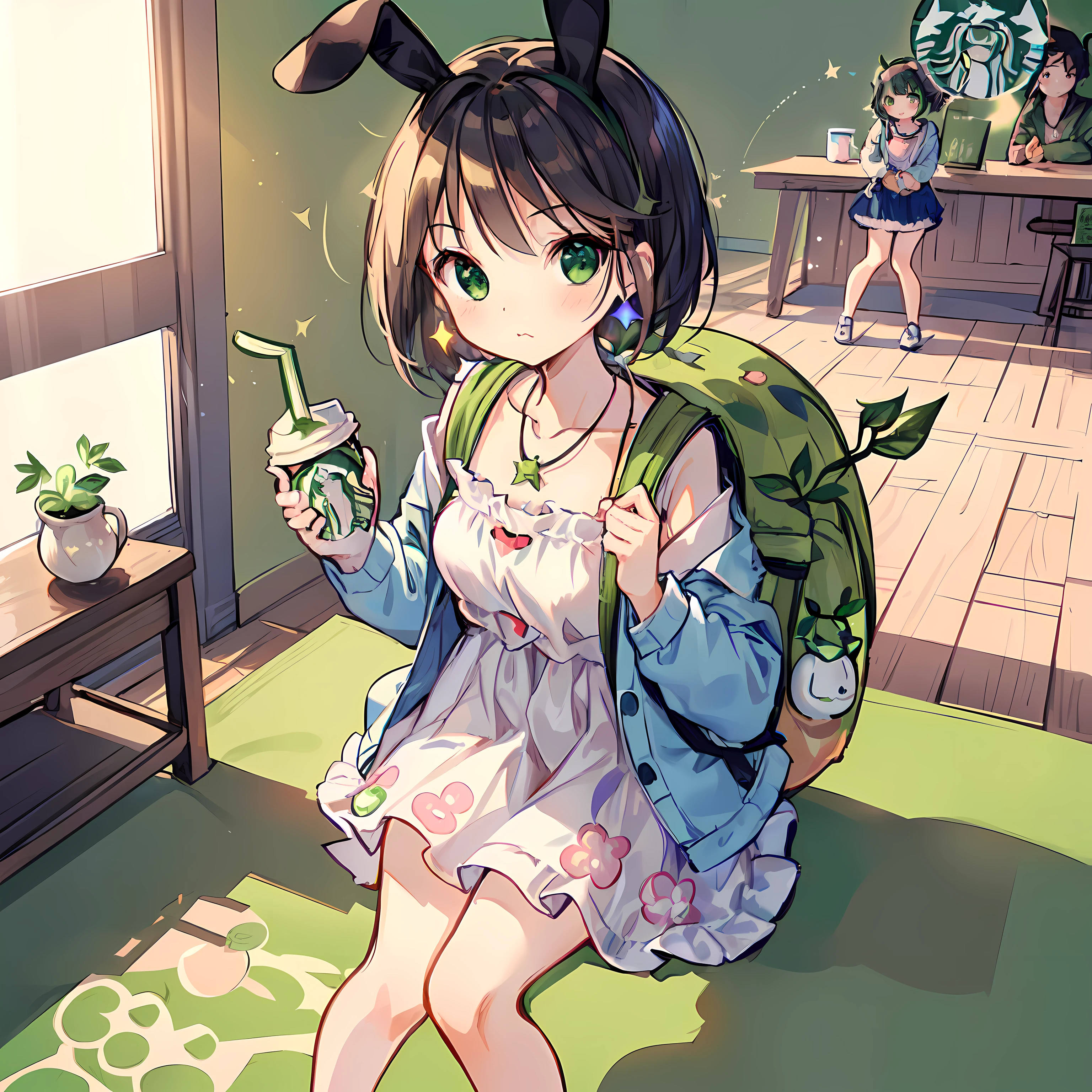 (Highly detailed CG Unity 8k wallpaper), (Best Quality), (Super Detail), (Best Illustration), (Best Shadow), POV, Realistic lighting and shading, Natural light, Lens flare effect, BREAK, 1 beautiful girl, Solo,(Cute:1.5),(Chibi:0.8), (kawaii:1.5),(Lori:0.5), BREAK, ((girl, Cute, Cheerful, Loli face, slightly bulging chest,(A dark-haired,Disheveled short bob,tareme:1.2), gleaming skin, Stuffed rabbit,BREAK,(rucksack:1.2), (Denim jacket over floral dress:1.2), (White rabbit ear headband:1.0), (Black sneakers:1.0), (star-shaped earring:1.1), (a necklace:1.3), (The surprised face that saw my sister fall,The face is pale, Staring ,empty mouth:1.1), (Drinking matcha big size:1.3), (Starbucks Background:1.3),(inside the house:1.5),