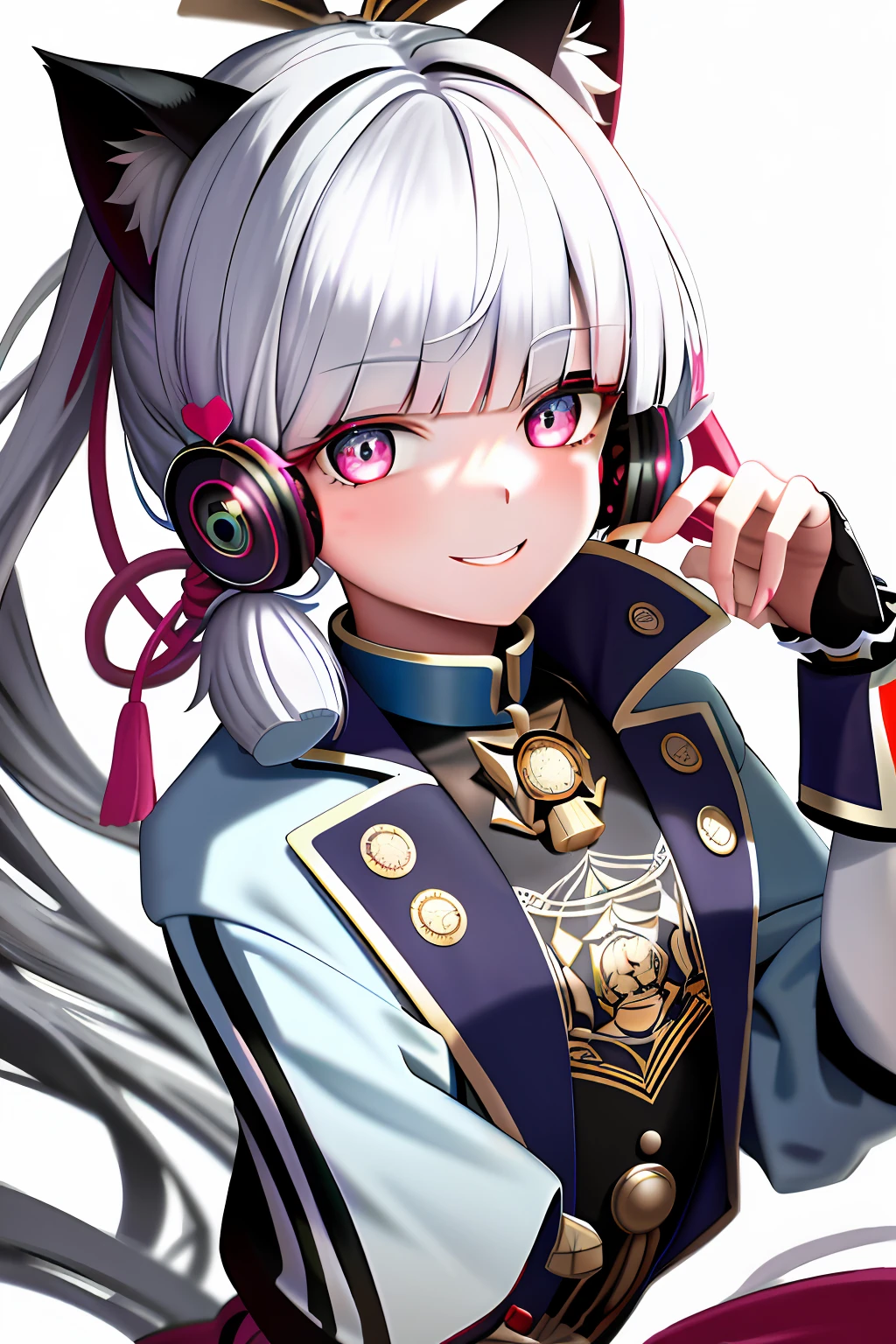 tmasterpiece，A high resolution，best qualtiy，multicolored eyes, white hair, headphones, heart-shaped eyewear, snowflake hair ornament, multicolored eyes, cat ears, smile, close-up, ccurate, 1080P，Libido boy