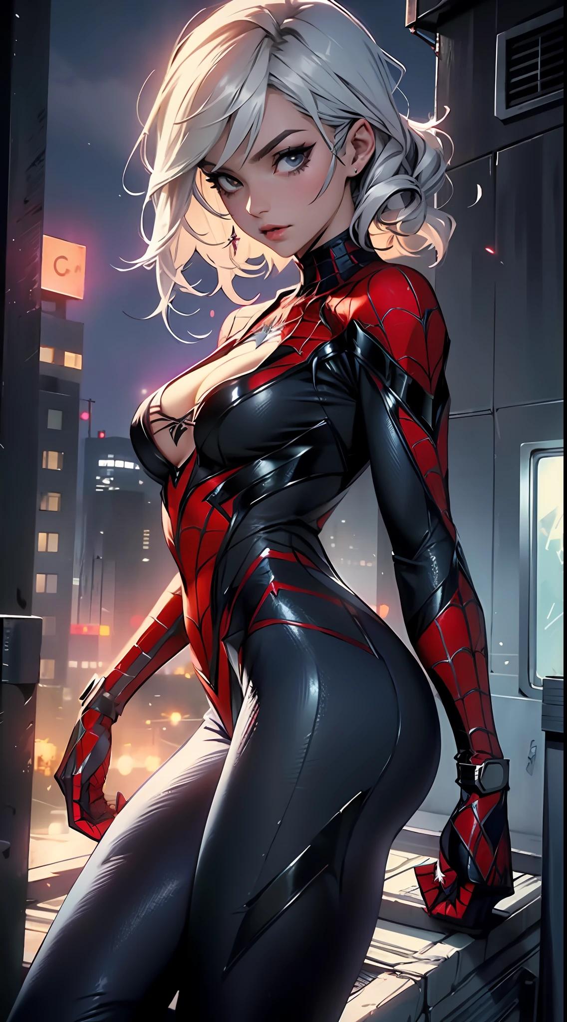 Beautiful woman detailed defined body using spider man cosplay,little breast,cleavage,nigth,on the rooftop,city night scene