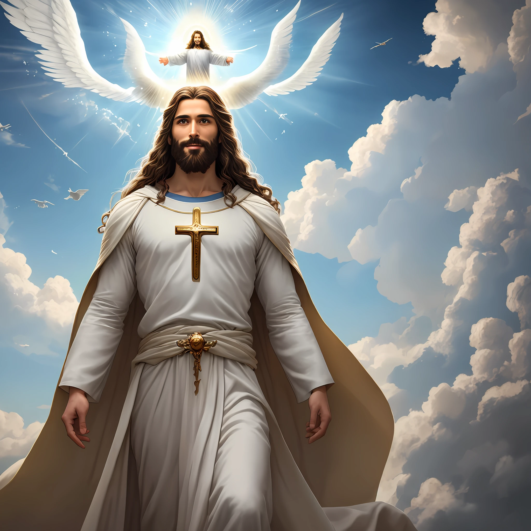 Jesus second coming in the heavens, ( Realistic) age 35 old years, Cross crown, a tunic and a golden breastplate, hair as brown as snow, eyes as flames of fire, feet as refined bronze in the furnace, light smile, Surrealism, backlighting, cinematic lighting, high quality, high details, 8K 3D best quality,Real Jesus flying on sky with a flying cloud in the background, Jesus walking on water, biblical illustration, epic biblical representation, forcing him to flee, coming out of the ocean, ! holding in hand!, disembarking, god of the ocean, beautiful representation, 8k 3D Model, realistic,
a 3D Realistic of jesus with a halo in the sky, jesus christ, smiling in heaven, portrait of jesus christ, jesus face, 35 young almighty god, portrait of a heavenly god, greg olsen, gigachad jesus, jesus of nazareth, jesus, the face of god, god looking at me, he is greeting you warmly, he is happy, avatar image