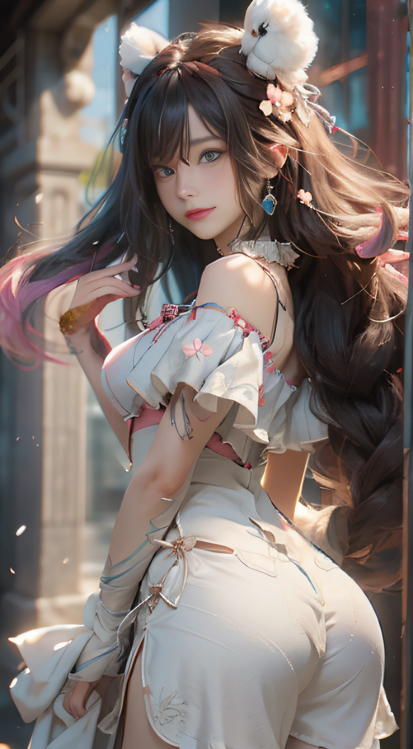 ((best qualtiy)), ((tmasterpiece)), (detail:1.4), Beautiful cyberpunk female images,hdr(HighDynamicRange),Ray traching,NVIDIA RTX,Hyper-Resolution,illusory 5,sub surface scattering,PBR textures,post-proces,Anisotropy Filtering,depth of fields,maximum definition and sharpness,Many-Layer Textures,Albedo e mapas Speculares,Surface coloring,Mitsu-Accurate simulation of material interactions,perfectly proportioned,rendering by octane,Two-colored light,largeaperture,Low ISO,White balance,Rule three points、8K raw data、Beautiful bright blue pupils,off-the-shoulder clothes,Fine pupils,Delicate face and eyes,long eyelasher,Blushlush,Delicate and fluffy hair,pink lip,Pure,Cute face,Sweet girl,Artistic sense,Casual wear,Advancedsense,butterflys,Cherry blossom petal,Beautiful hair accessories,Long hair and waist,Hair fluttering in the wind,Snow-white fox ears,curlies,Snow-white fluffy tail,Positive light,The light from the back window is backlighted