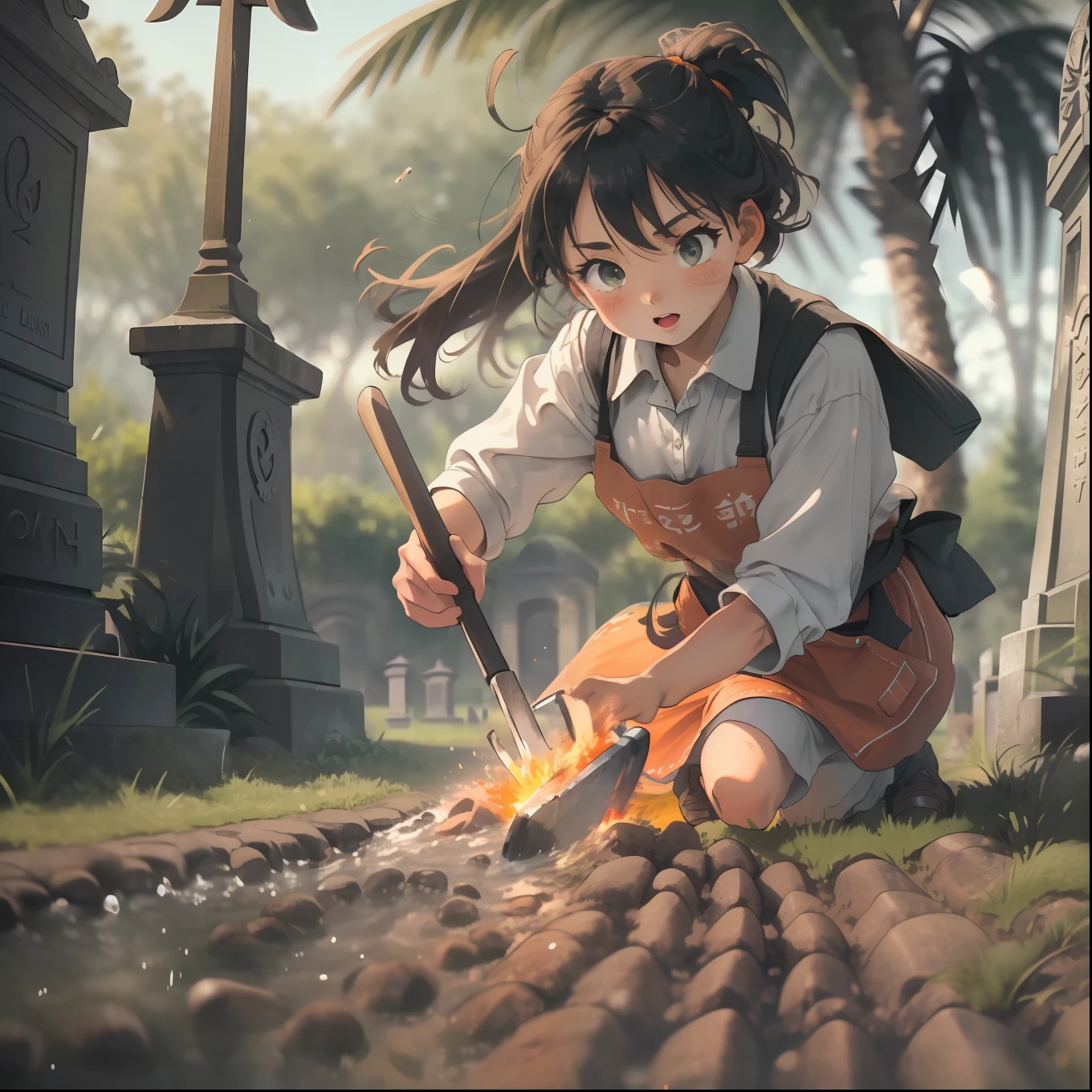 Apron girl，（Take a shovel：1.3），（Bury the salmon in the cemetery：1.5），holland angle，Fiery members，（extreme motion blur：1.2），Nice face，Detailed palm，详细的脸，The entire image composition，Natural soft light，Blur time，Morning，Storytelling images