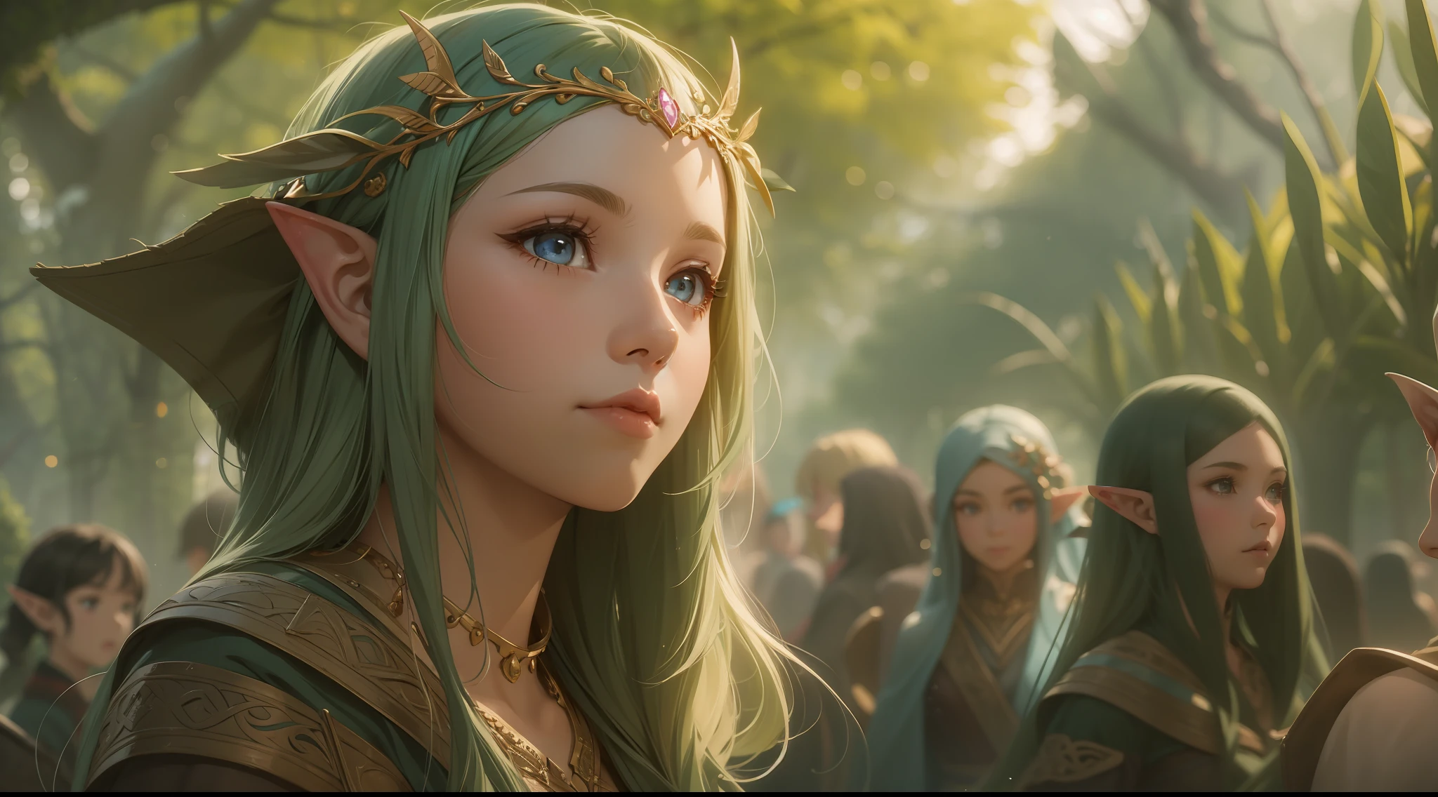 The daily life of an elven girl is depicted in a long shot, Her cute features stand out in the crowd.