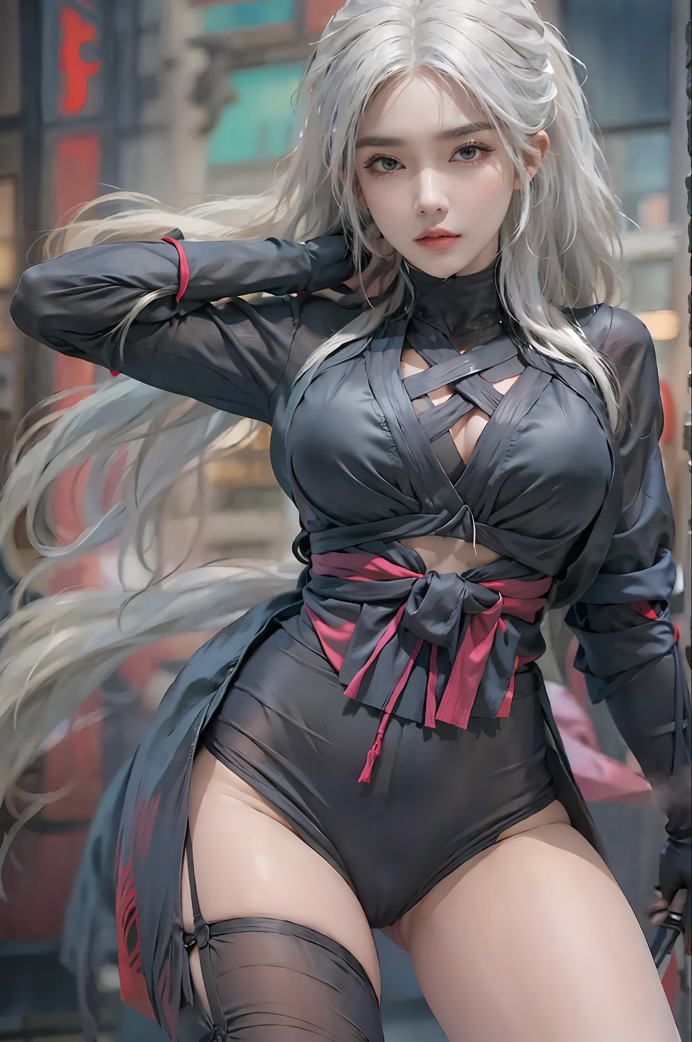 photorealistic, high resolution, 1women, solo, hips up, look at viewer, (detailed face), white hair, long hair, (((ninja_suit, ninja))),thighhighs, fishnets, pelvic curtain