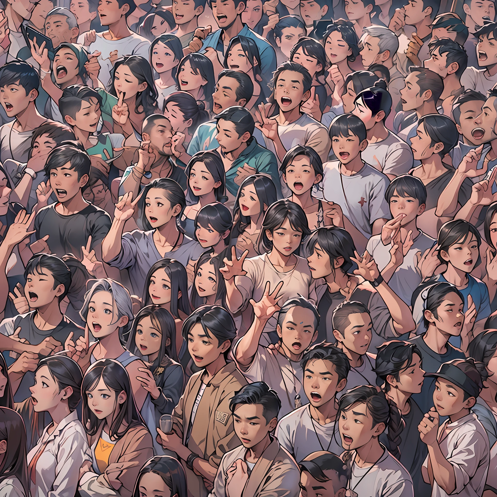 A crowded live streaming room, people standing in their respective positions, gesturing and expressing themselves fervently, filled with curiosity and confusion, ,in the style of the stars art group xing xing, 32k, best quality, masterpiece, super detail, high details,