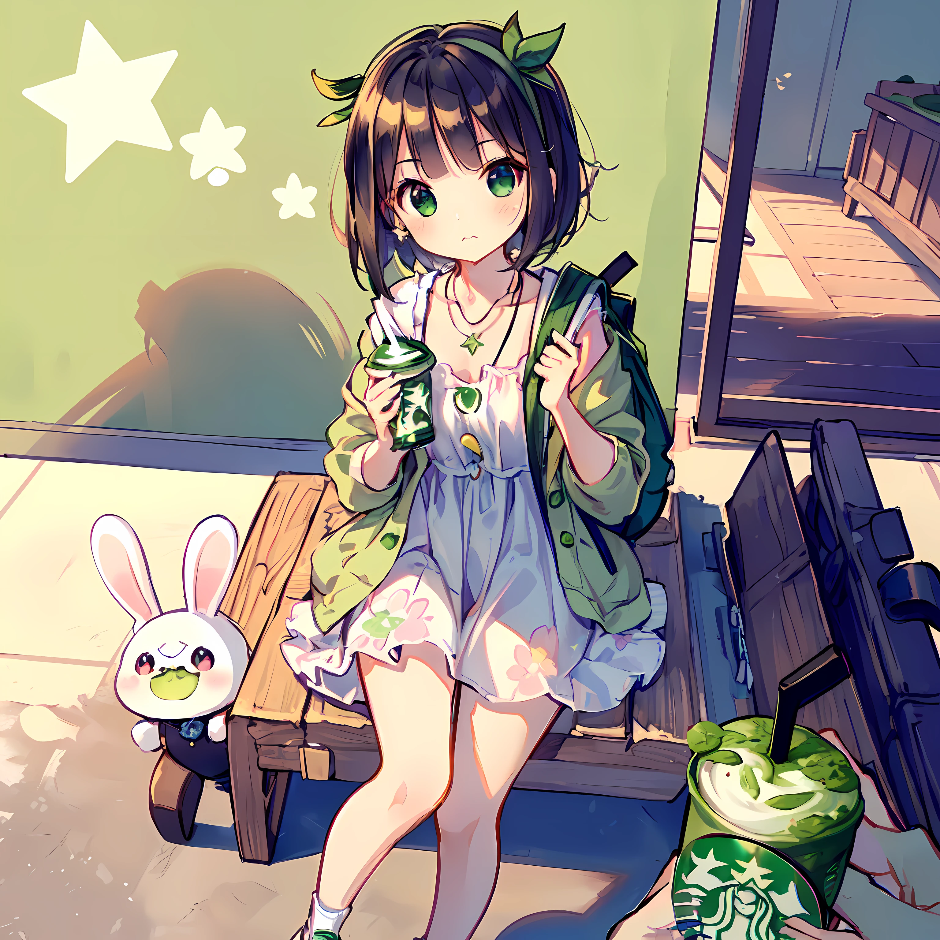 (Highly detailed CG Unity 8k wallpaper), (Best Quality), (Super Detail), (Best Illustration), (Best Shadow), POV, Realistic lighting and shading, Natural light, Lens flare effect, BREAK, 1 beautiful girl, Solo,(Cute:1.5),(Chibi:0.8), (kawaii:1.5),(Lori:0.5), BREAK, ((girl, Cute, Cheerful, Loli face, slightly bulging chest,(A dark-haired,Disheveled short bob,tareme:1.2), gleaming skin, Stuffed rabbit,BREAK,(rucksack:1.2), (Denim jacket over floral dress:1.2), (White rabbit ear headband:1.0), (Black sneakers:1.0), (star-shaped earring:1.1), (a necklace:1.3), (The surprised face that saw my sister fall,The face is pale, Staring ,empty mouth:1.1), (Drinking matcha big size:1.3), (Starbucks Background:1.3),(inside the house:1.5),