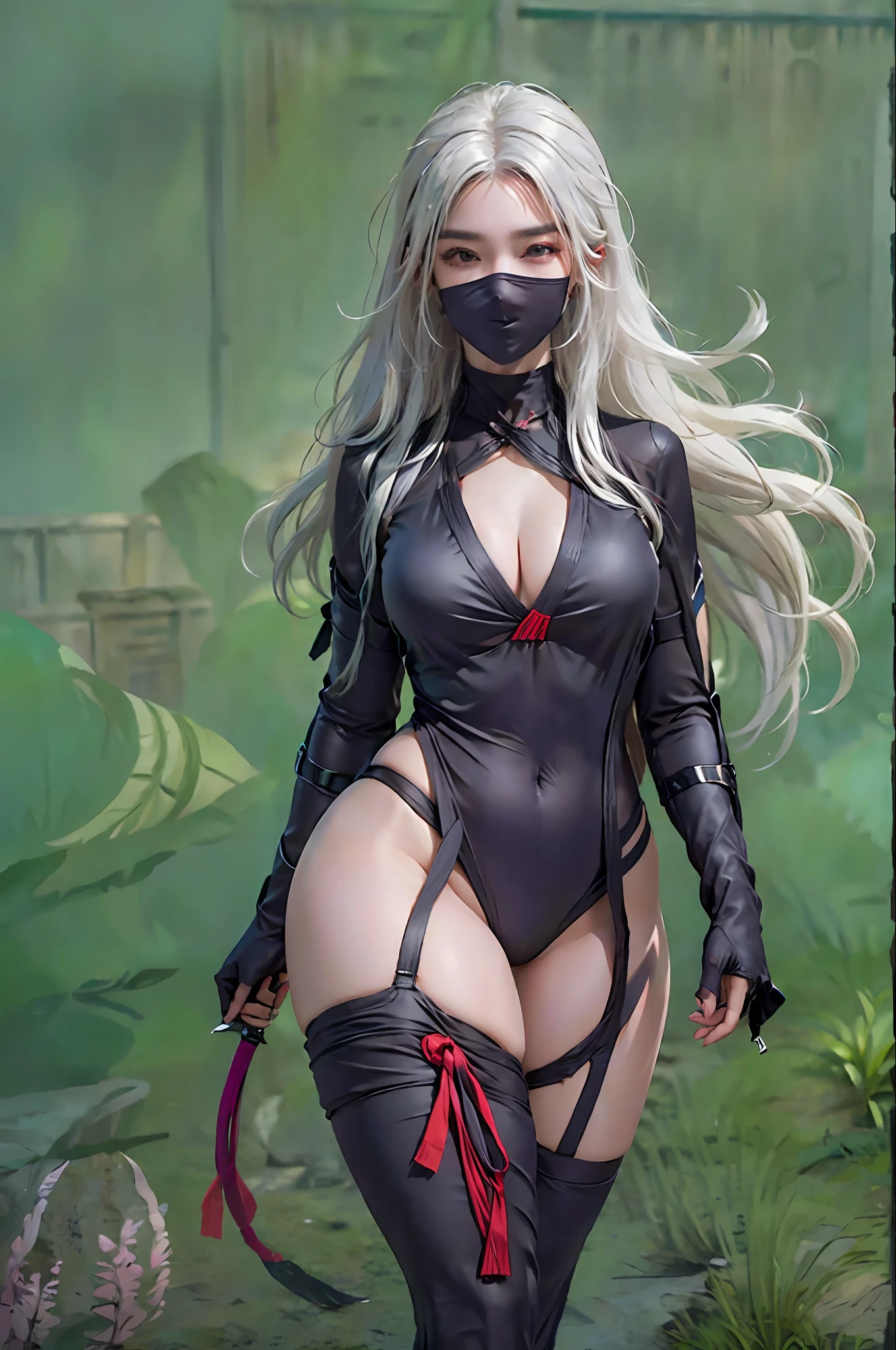 photorealistic, high resolution, 1women, solo, hips up, look at viewer, (detailed face), white hair, long hair, (((ninja_suit, ninja))),thighhighs, fishnets, pelvic curtain