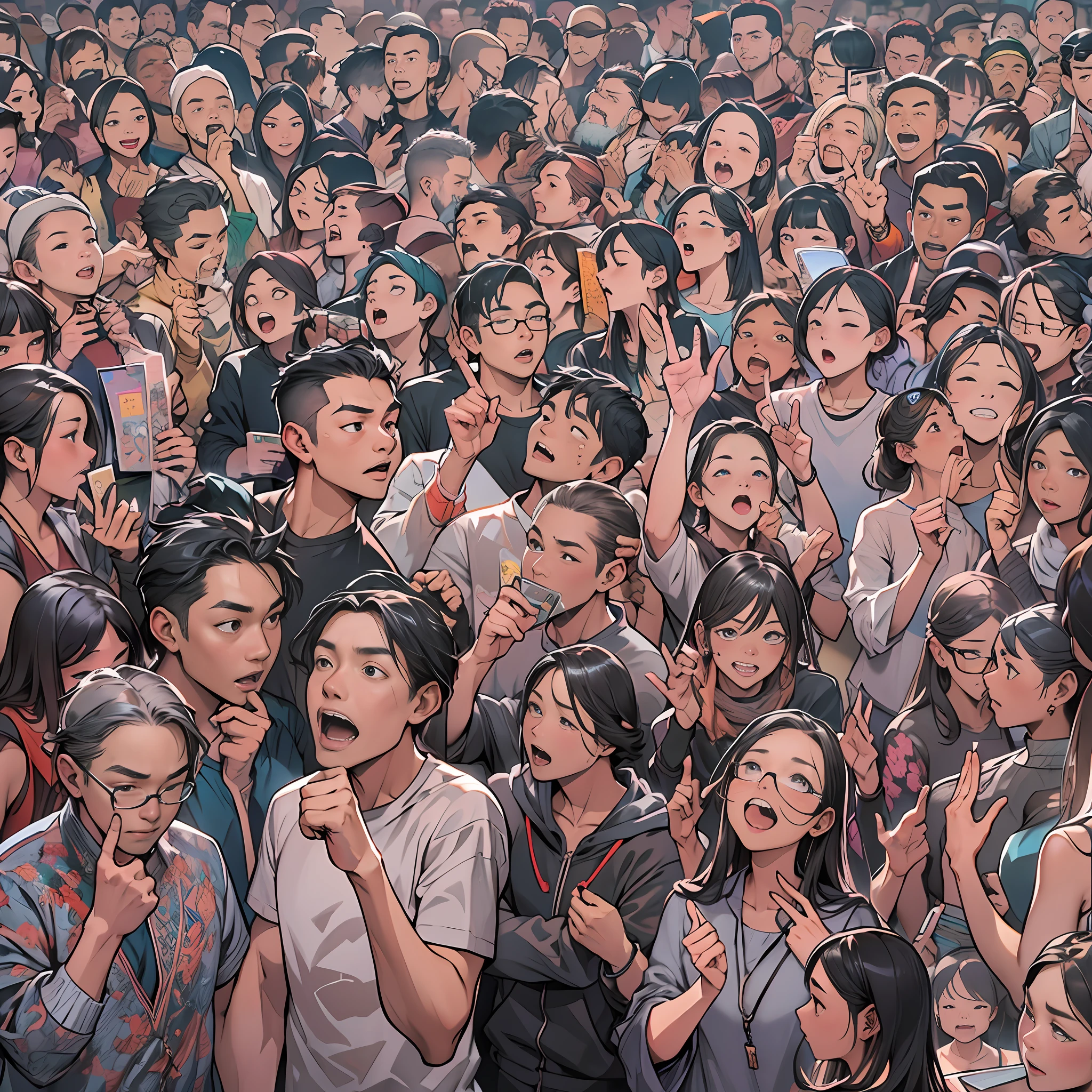 A crowded live streaming room, people standing in their respective positions, gesturing and expressing themselves fervently, filled with curiosity and confusion, ,in the style of the stars art group xing xing, 32k, best quality, masterpiece, super detail, high details,