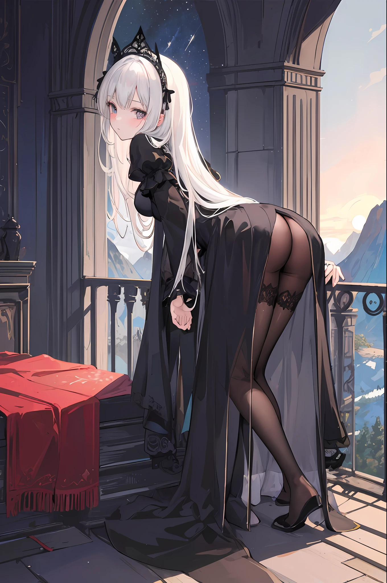 (best quality:1.3),(masterpiece:1.1),(illustration:1.2),(ultra-detailed:1.2),beautiful detailed eyes,(Gothic:1.2),
(Extremely detailed background:1.1),(forest:1.2),(mountain), night, moon,castle on the distant mountain,
(bent over:1.3),(butt:1.2),looking back, (raise butt:1.2),(close to the butt:1.3),
(1girl in Balcony:1.4),Balustrades on balcony,(wariza:1.2),(sitting:1.3)
(1girl:1.3),(solo:1.3),(white hair),(long hair:1.1),full body,black stocking,
tulle,dress,Bodysuit,back cutout,clothing cutout,