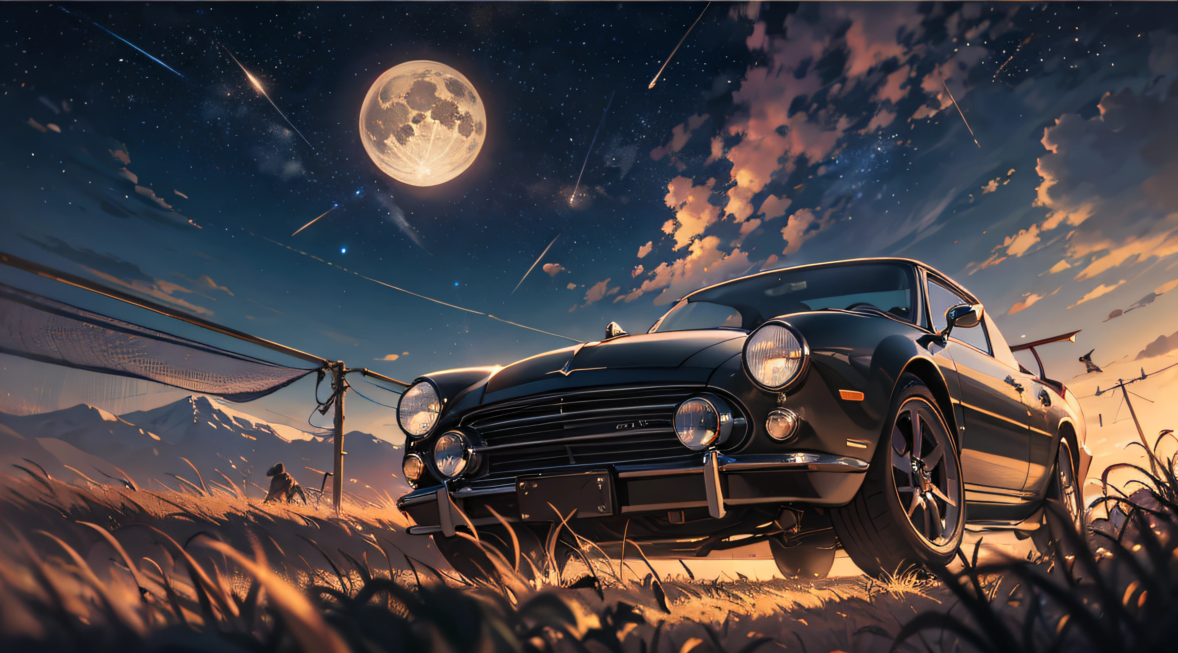 Expansive landscape photograph，（moon full：1.2），（meteors：0.9），（Starcloud：1.3），（Warm light source：1.2），（glowworm：1.2），lamp lights，Lots of purple and orange，Complicated details，Volumetriclighting，Realism BREAK（tmasterpiece：1.2），（best qualtiy），8K，Ultra-detailed，（dynamic compositions：1.4），The is very detailed，Colorful details，（Irridescent color：1.2），（luminouslighting，Atmospheric lighting），dream magical，magical，（独奏：1.2），（（best qualtiy））， （（tmasterpiece））， （the detail：1.4），depth of fields，maximum definition and sharpness，perfectly proportions，Fluttering clouds，Wallpapers