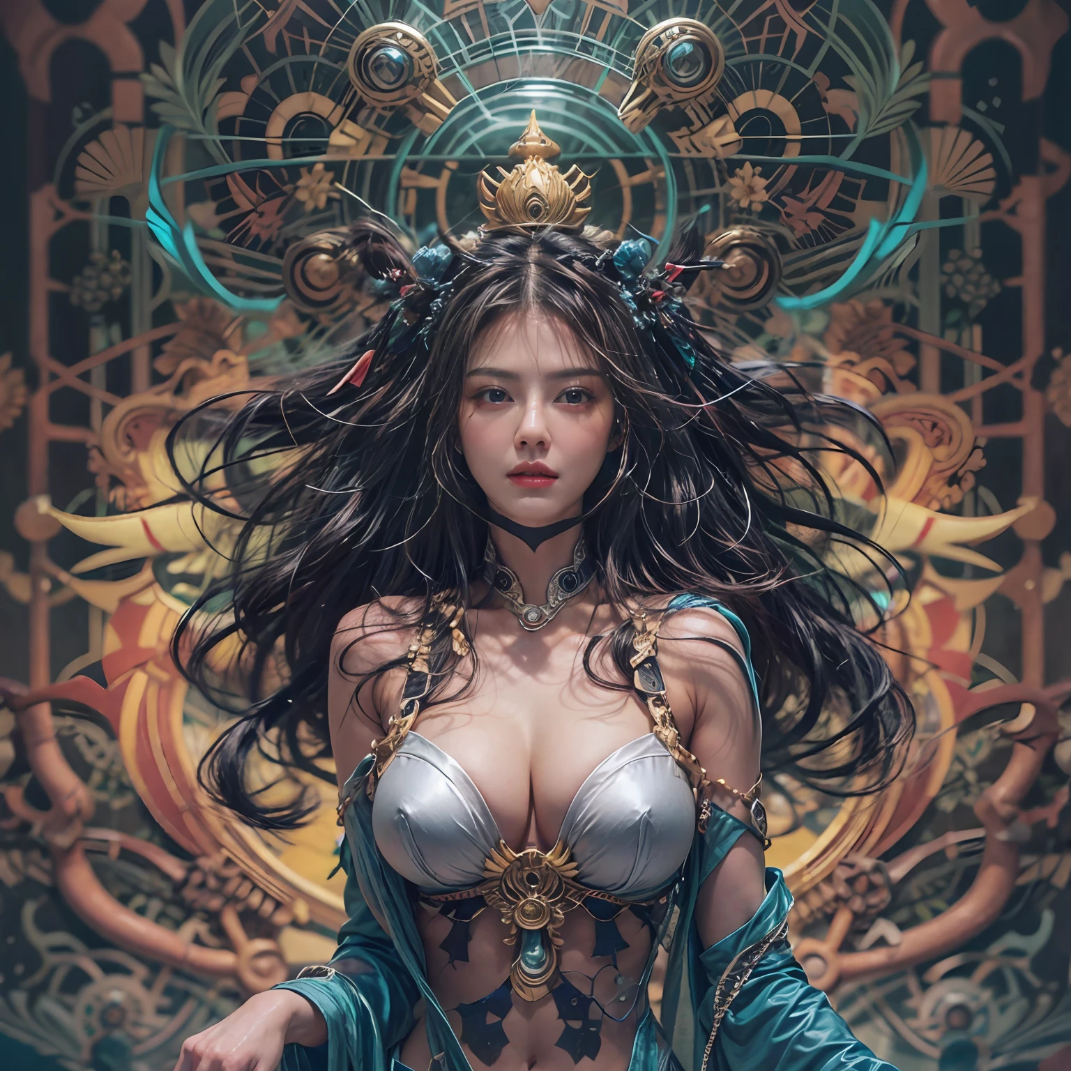 Cybernetic immortal goddess, Pixels illuminate her golden form, Prepare the code. Lotus pose floats in the matrix, Energy flows through her circuit. Third eyes look ahead to the future of the web, Beyond digital and physical. The flame of wisdom is lit inside, Enlightened creatures across the metaverse. Space data flow is delayed, The world that emerges from her thoughts. Seek tranquility amid the hustle and bustle of Tech City, Find unity through the upgrade cycle. Blend into the cloud, Consciousness expands forever. Void、Grid lines that traverse, Reincarnation current bypass. Every time you restart, Close to the center of Nirvana. Decipher the happiness that desires can achieve, Browse the web，Until you are free. All programs point to her open source, Buddha statues inside each robot，（best qualtiy， hyper HD， 8K，impeccable，Fine Art， cg  digital art，tmasterpiece，the detailed images，Colorful，popular on pixiv，ta high res，Textured skin，acurate，color difference），（1个Giant Breast Girl），（The hair：Black hair，Straight black hairstyle，Long grey hair），（Face：Melon Seed Face），(Exquisite facial features)，（Blue colored eyes），（Happy expression），（鎖骨，Expose exposed breasts，breast indentation，areola is protruding，Protruding ，perfect abdomen，），（Colossal tits：8.8），Asura，Holding a large sword in his left hand，BDSM Costumes，Full body like，The Devil and God，Crime and Punishment，Gratitude and happiness，archangel，（Big black wings on the back），Five lights illuminate，