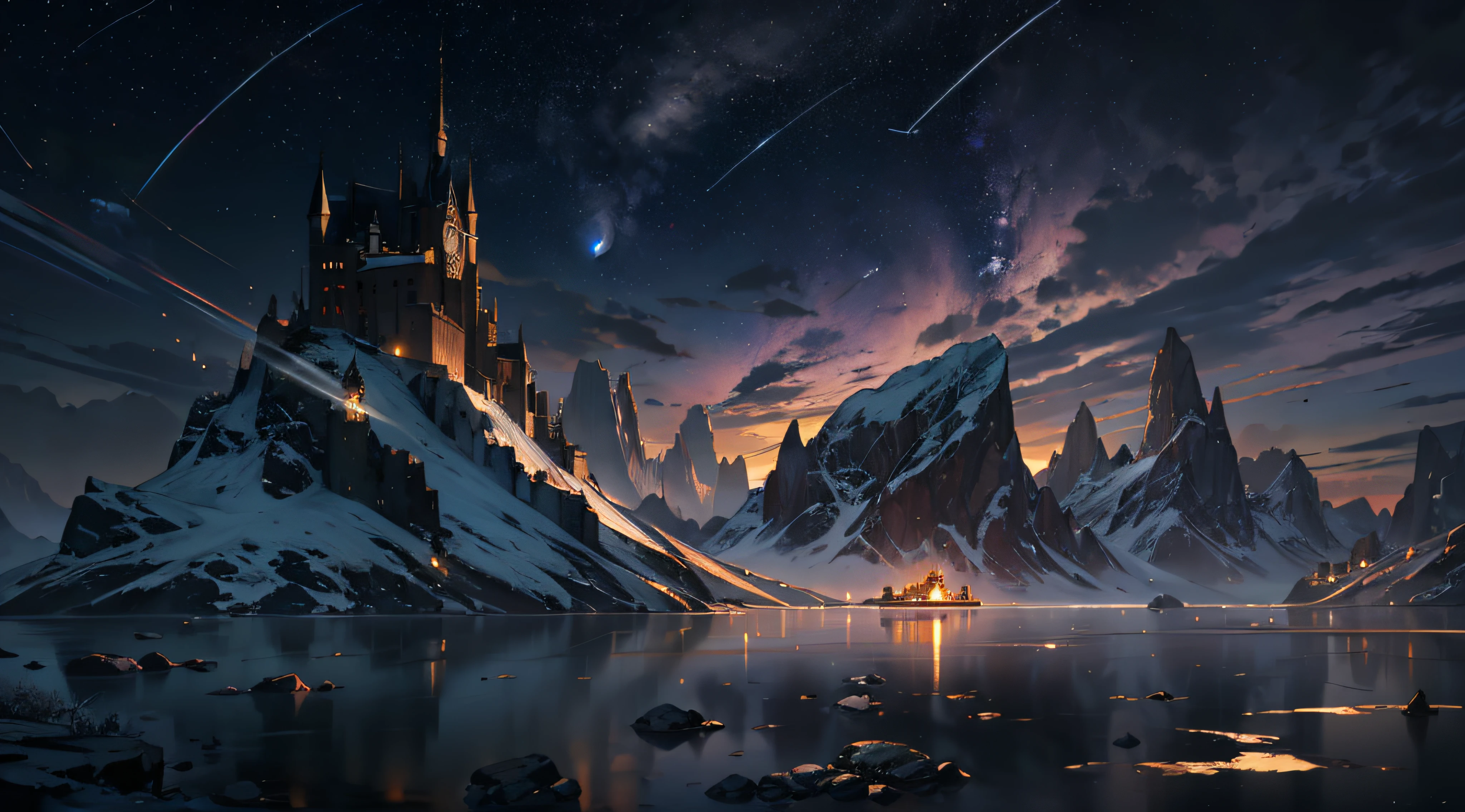 Expansive landscape photograph,(moon full:1.2),(meteors:0.9),(Starcloud:1.3),(Warm light source:1.2),(glowworm:1.2),lamp lights,Lots of purple and orange,Complicated details,Volumetriclighting,Realism BREAK(tmasterpiece:1.2),(best qualtiy),8K,Ultra-detailed,(dynamic compositions:1.4),The is very detailed,Colorful details,(Irridescent color:1.2),(luminouslighting,Atmospheric lighting),dream magical,magical,(独奏:1.2),((best qualtiy)), ((tmasterpiece)), (the detail:1.4),depth of fields,maximum definition and sharpness,perfectly proportions,Fluttering clouds,Wallpapers