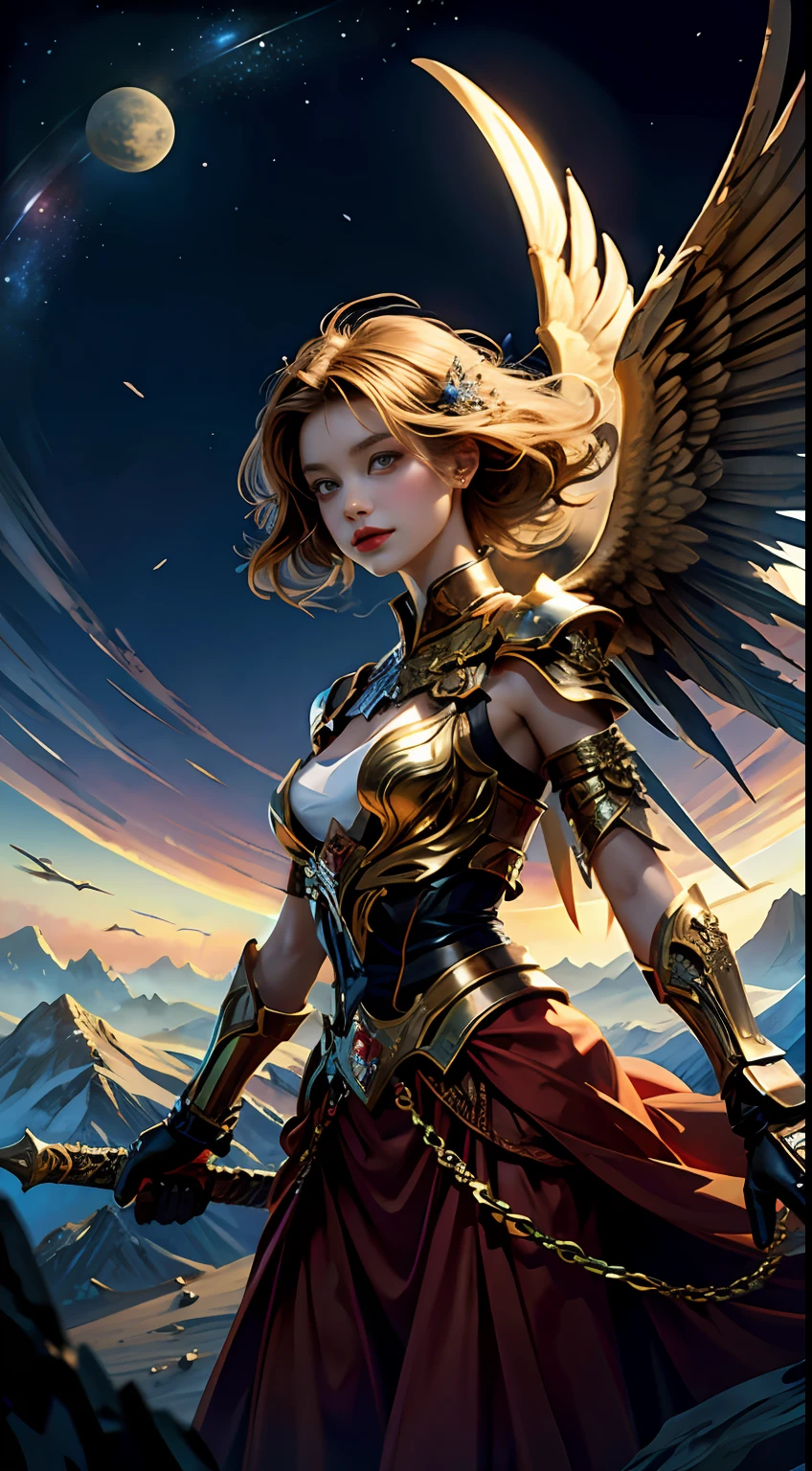 （tmasterpiece，top Quority，best qualtiy，offcial art，Beauty and aesthetics：1.2），（1girll，full bodyesbian，Wings，Flaring wings，flying into the sky，God girl，The sword，Combat posture，prette），Extremely detailed，（s fractal art：1.3），Extremely colorful，Most detailed