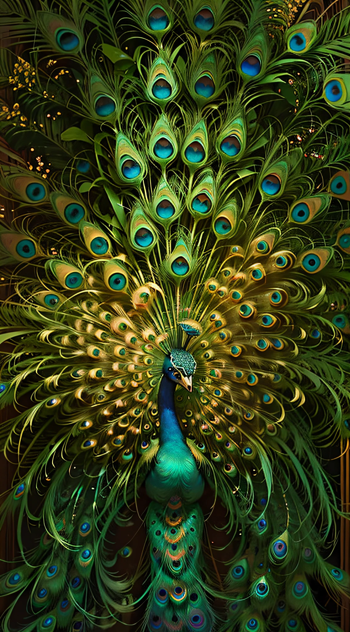 peacock iridescent tails, (a lot of peacock tails), dense big peacock pattern, gold and blue peacock tail, brighter