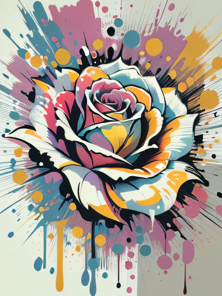vector art, Colorful illustration with graffiti white rose, in the center, Bright colors, paint splashes and blots, high detail, whitebackground