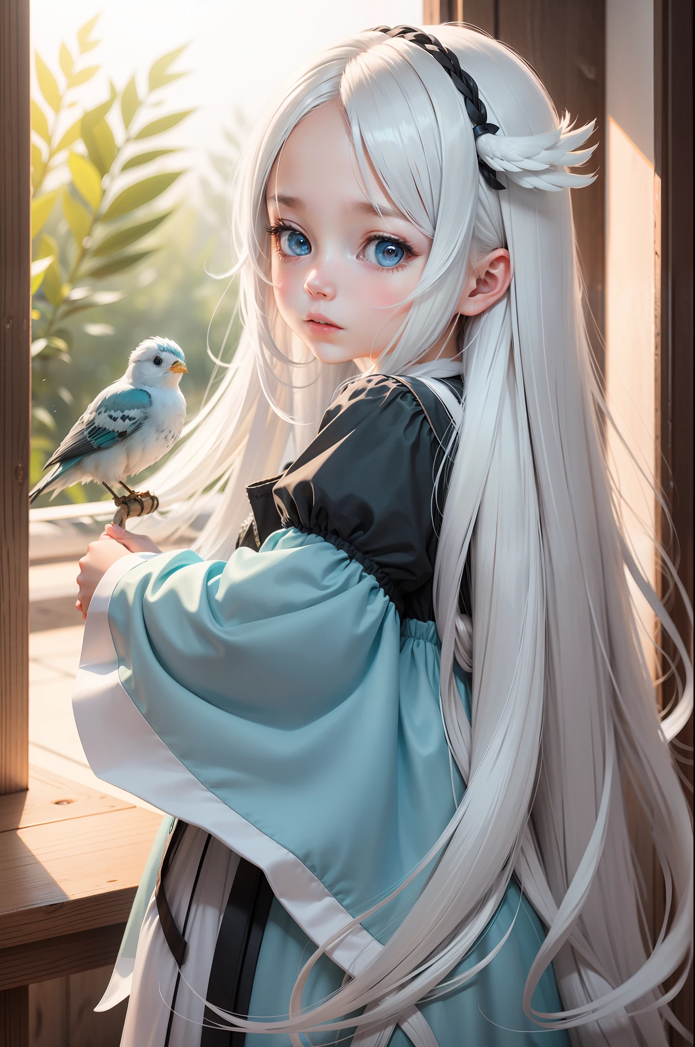 silver-white long hair,The left cheek has a bird-like cyan marking,A girl who looks about nine years old