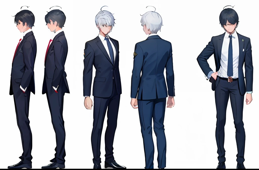 multiple views，1boys，Business suit，simplebackground，white backgrounid，full bodyesbian，