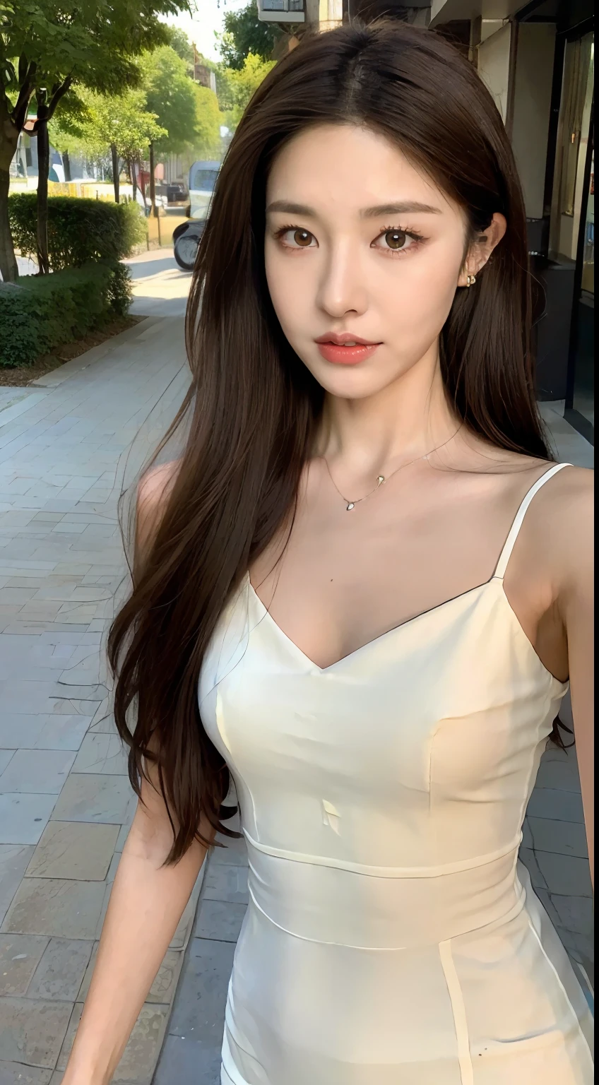 ((Realistic lighting, Best quality, 8K, Masterpiece: 1.3)), Focus: 1.2, 1girl, Perfect Figure: 1.4, Slim Abs: 1.1, ((Dark brown hair)), (White dress: 1.4), (Outdoor, Night: 1.1), City streets, Super fine face, Fine eyes, Double eyelids,