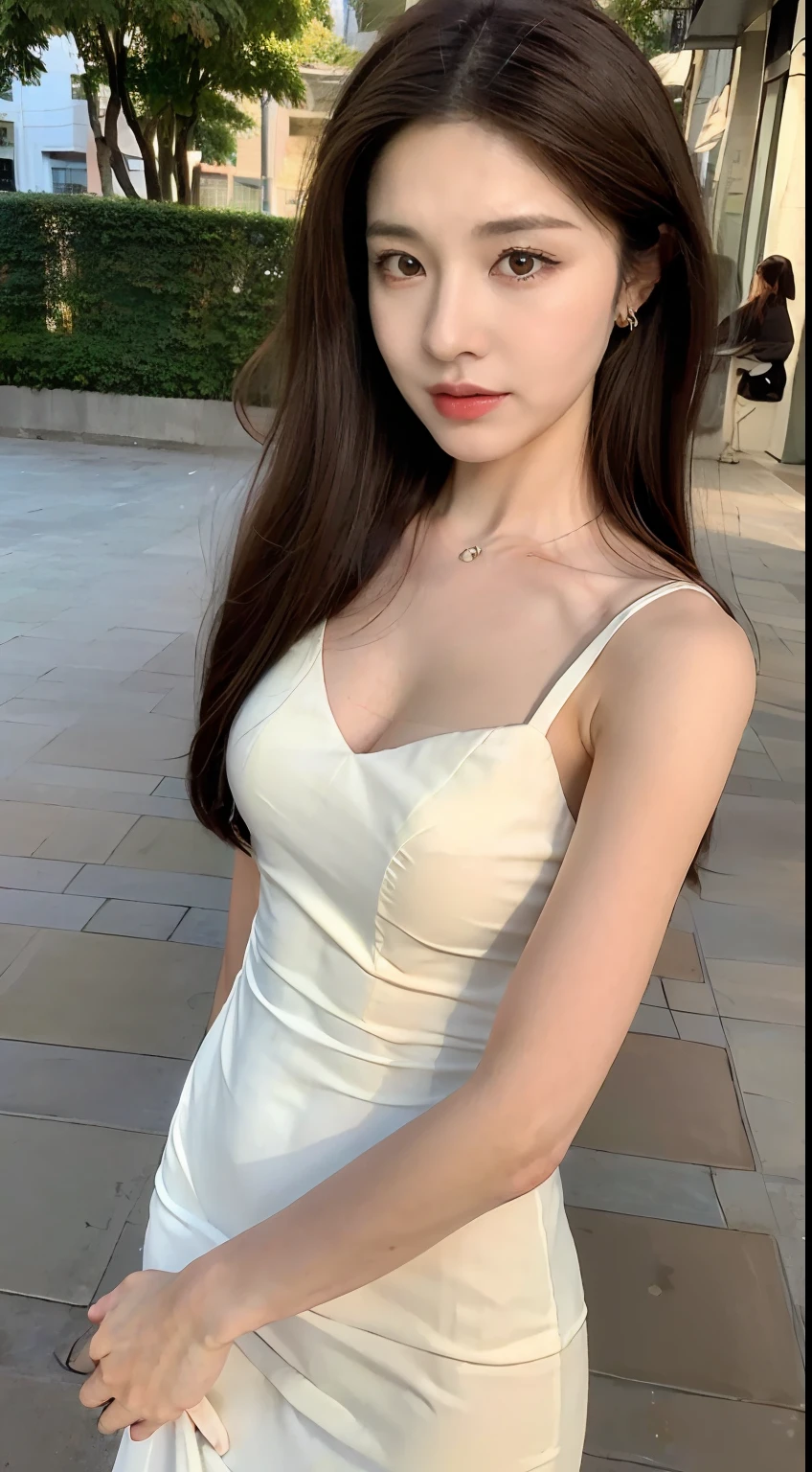 ((Realistic lighting, Best quality, 8K, Masterpiece: 1.3)), Focus: 1.2, 1girl, Perfect Figure: 1.4, Slim Abs: 1.1, ((Dark brown hair)), (White dress: 1.4), (Outdoor, Night: 1.1), City streets, Super fine face, Fine eyes, Double eyelids,