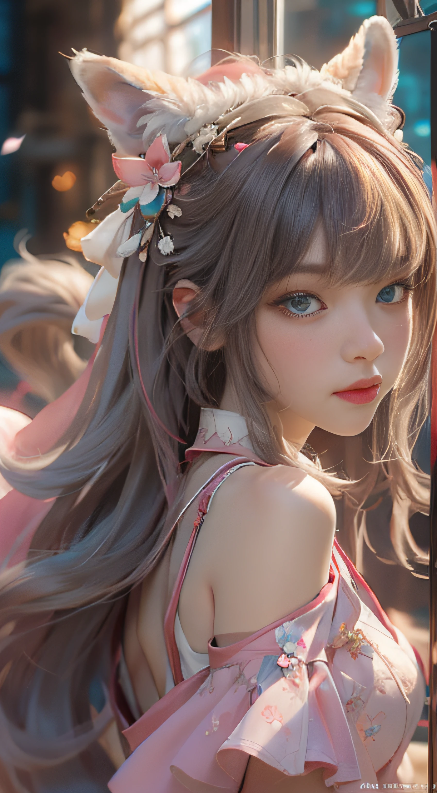 ((best qualtiy)), ((tmasterpiece)), (detail:1.4), Beautiful cyberpunk female images,hdr(HighDynamicRange),Ray traching,NVIDIA RTX,Hyper-Resolution,illusory 5,sub surface scattering,PBR textures,post-proces,Anisotropy Filtering,depth of fields,maximum definition and sharpness,Many-Layer Textures,Albedo e mapas Speculares,Surface coloring,Mitsu-Accurate simulation of material interactions,perfectly proportioned,rendering by octane,Two-colored light,largeaperture,Low ISO,White balance,Rule three points、8K raw data、Beautiful bright blue pupils,off-the-shoulder clothes,Fine pupils,Delicate face and eyes,long eyelasher,Blushlush,Delicate and fluffy hair,pink lip,Pure,Cute face,Sweet girl,Artistic sense,Casual wear,Advancedsense,butterflys,Cherry blossom petal,Beautiful hair accessories,Long hair and waist,Hair fluttering in the wind,Snow-white fox ears,curlies,Snow-white fluffy tail,Positive light,The light from the back window is backlighted
