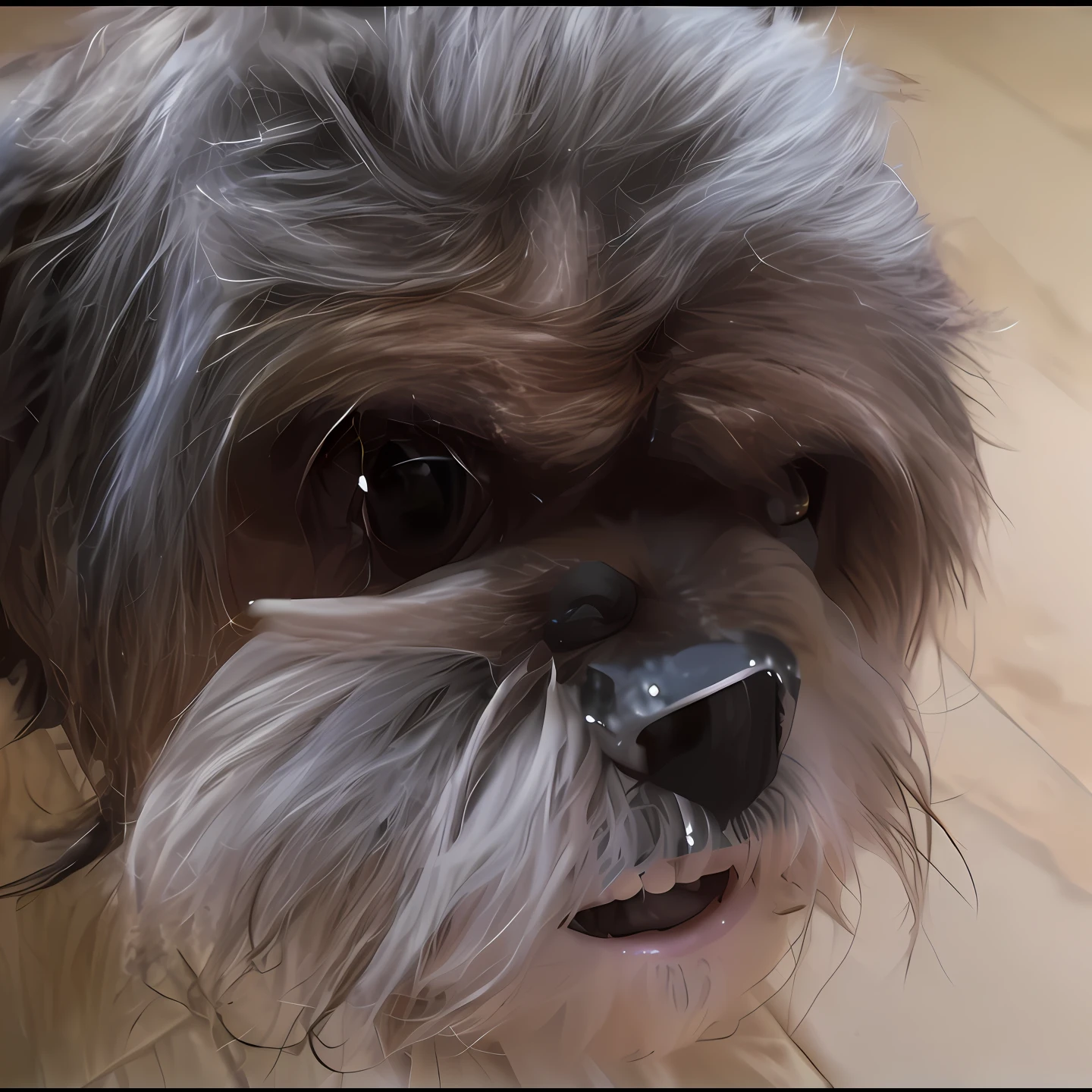 There is a dog with a black nose and a gray nose, morphing dog head, with small nose, Cute nose, Shih Tzu, 4 k hd fur face!!!, slightly larger nose, tiny cute nose, ultra-realistic picture, smaller nose, cute bandaid on nose!!, button nose, nose made of wood, selfie of a dog, Cute dog