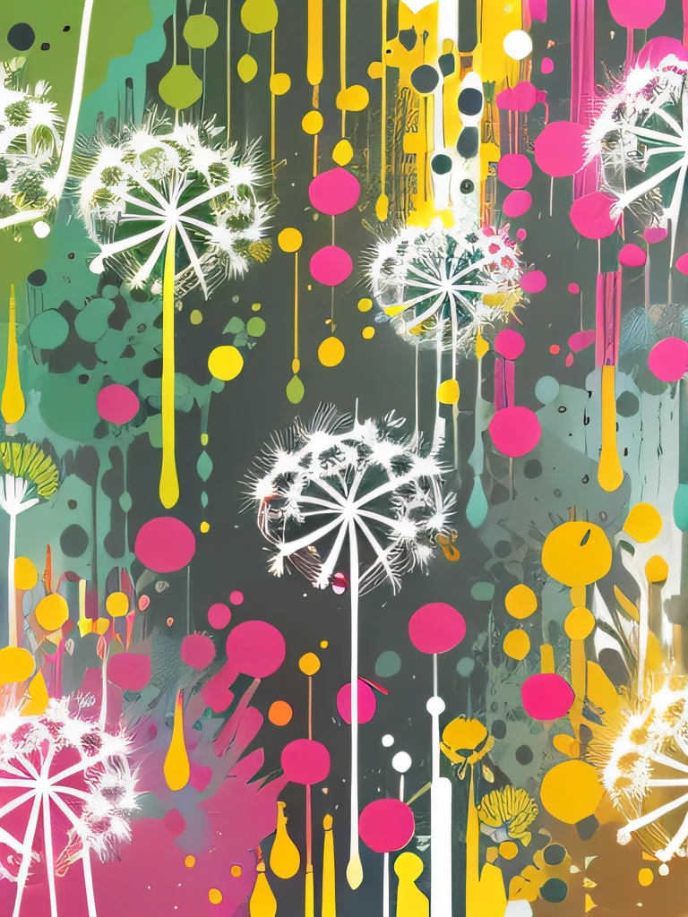 vector art, Colorful illustration with dandelion graffiti, in the center, Bright colors, paint splashes and blots, high detail, whitebackground