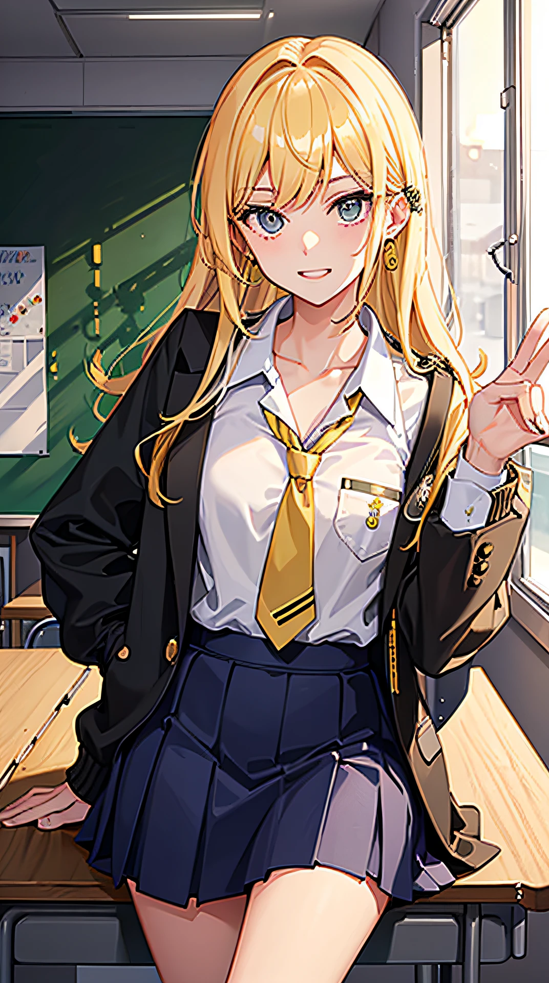 the night，In the classroom，Lights on，An 18-year-old yellow-haired schoolgirl，With stud earrings，in school uniform，Smug mockery