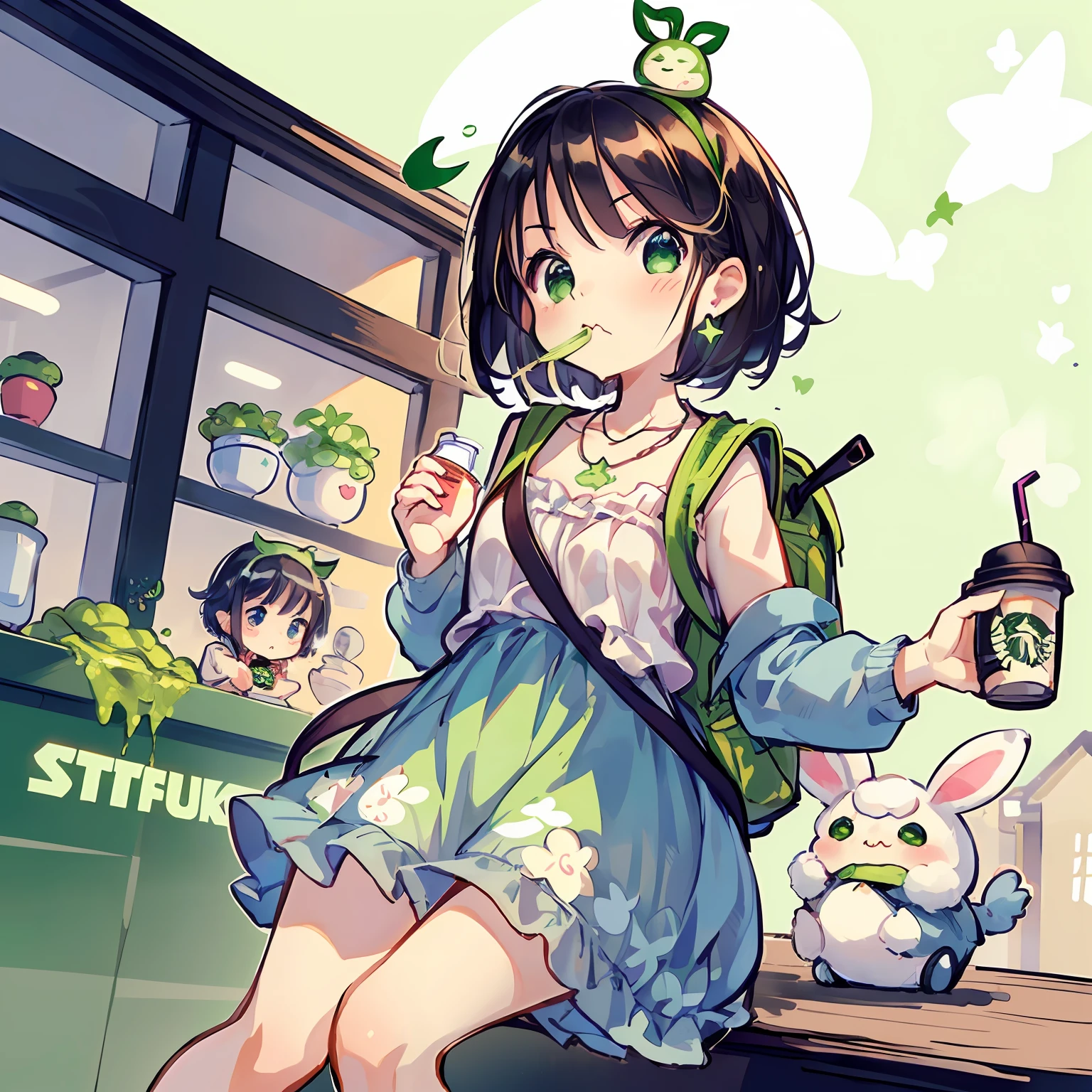 (Highly detailed CG Unity 8k wallpaper), (Best Quality), (Super Detail), (Best Illustration), (Best Shadow), POV, Realistic lighting and shading, Natural light, Lens flare effect, BREAK, 1 beautiful girl, Solo,(Cute:1.5),(Chibi:0.8), (kawaii:1.5),(Lori:0.5), BREAK, ((girl, Cute, Cheerful, Loli face, slightly bulging chest,(A dark-haired,Disheveled short bob,tareme:1.2), gleaming skin, Stuffed rabbit,BREAK,(rucksack:1.2), (Denim jacket over floral dress:1.2), (White rabbit ear headband:1.0), (Black sneakers:1.0), (star-shaped earring:1.1), (a necklace:1.3), (A surprised face when he saw his sister fall,The face is pale, Staring ,empty mouth:1.1), (Drinking matcha big size:1.3), (Starbucks Background:1.3),(in a house:1.5),