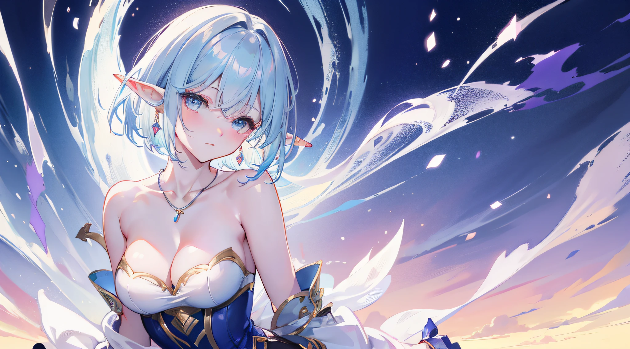Cute elf girl,short detailed hair,With Ultra HD details,Professional lighting and lighting。Tall and sexy,Delicate stockings,Tight skirt,A pair of delicate earrings,Delicate necklace,A light breeze,Brighter scenes,More refined facial features,eyes with brightness,Exquisite Hair,Light smile, Gradient hair, anaglyph, tachi-e, Atmospheric perspective, High detail, Anime, Chiaroscuro, full bloom, Ray tracing, Perspective, Super detail, ccurate, Best quality, Textured skin, Anatomically correct