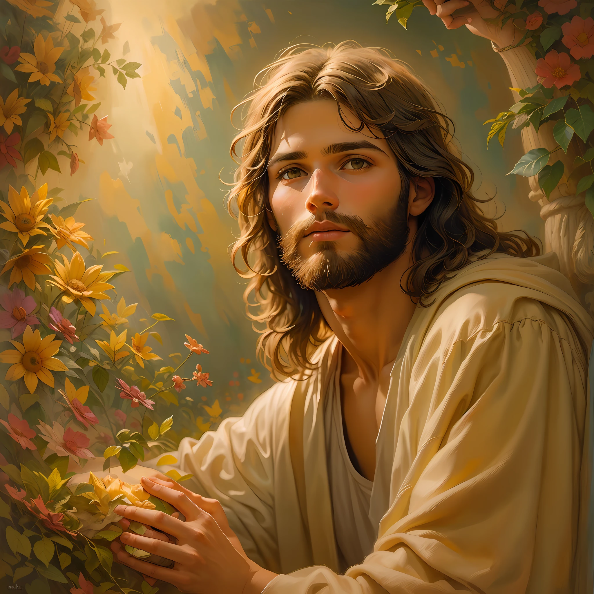 Jesus Cristo com jovem garoto loiro em seu colo, Christian art, de alta qualidade, altamente detalhado, (corpos celestiais), pintura, no estilo de Greg Olsen