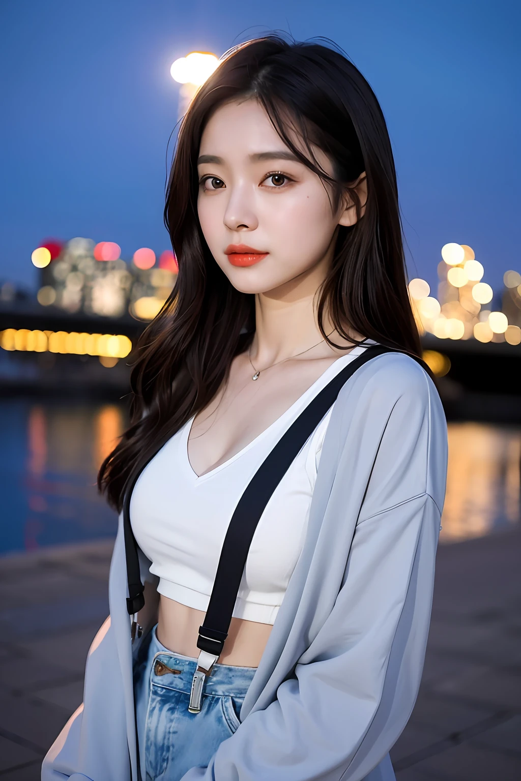 (Highly detailed body,Highly detailed face,Best quality at best:1.2) ,A woman who is,looki at viewer,White suspenders,(night city park in the background:1.4),( (8K:1.27), Best quality at best, tmasterpiece, 超高分辨率:1.2) Photo of beautiful asian woman,(mediuml breasts:1.0), (middle areolae:0.8), (realisticlying:1.4), (Best picture quality:1.0), (超高分辨率:1.0),(No hands:1.3), foody, jacket